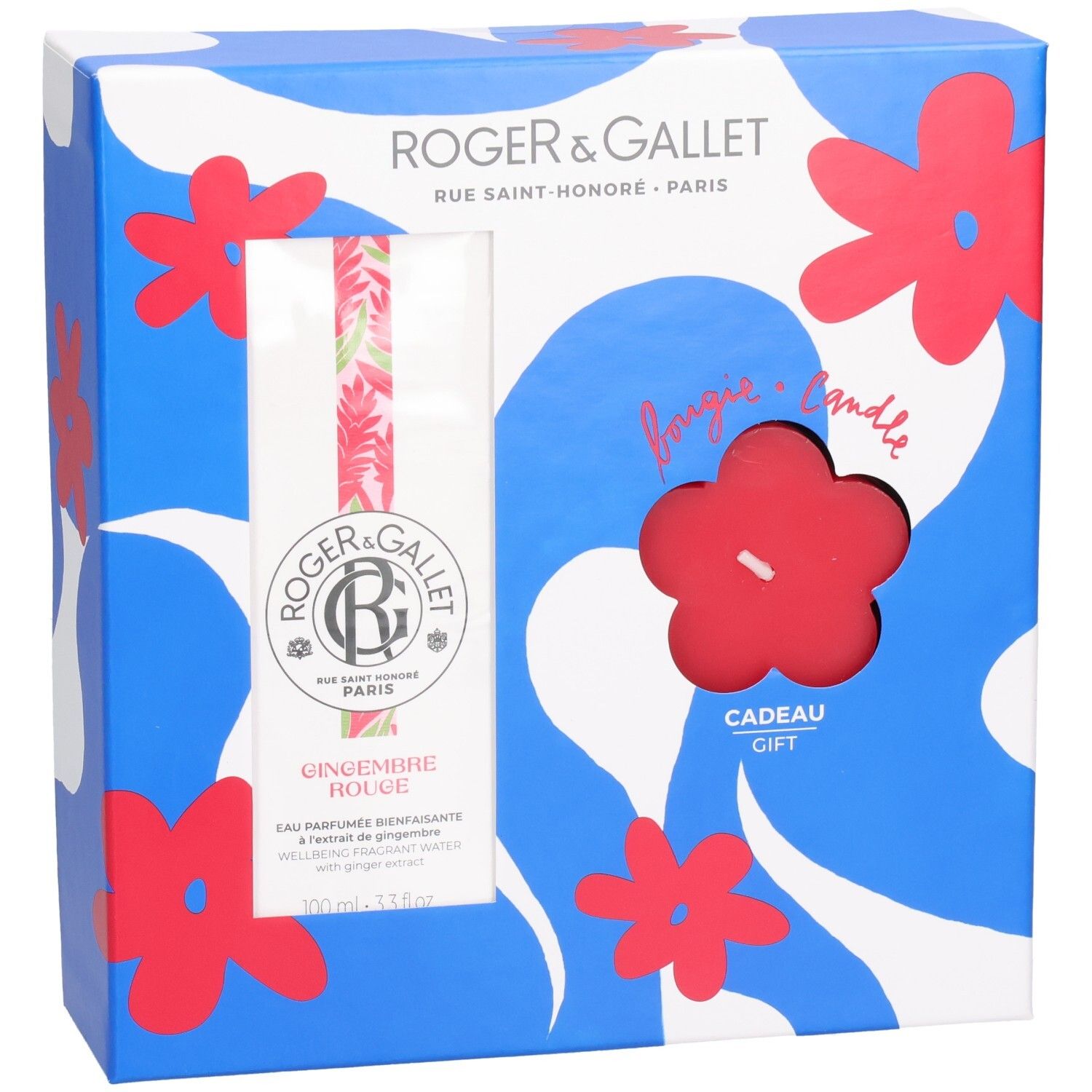Geschenkset mit Parfümwasser und Kerze. Blaue Schachtel mit Blumenmuster. Sichtbar: Parfümflasche, rote Blume-Kerze. Marke: Roger & Gallet.