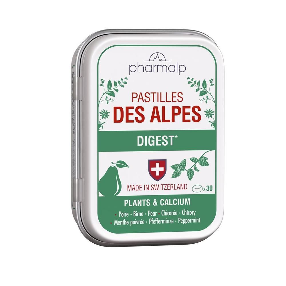 Pharmalp Pastilles des Alpes Digest: Weißblechdose mit Kräuter- und Birnendesign, 30 Stück.