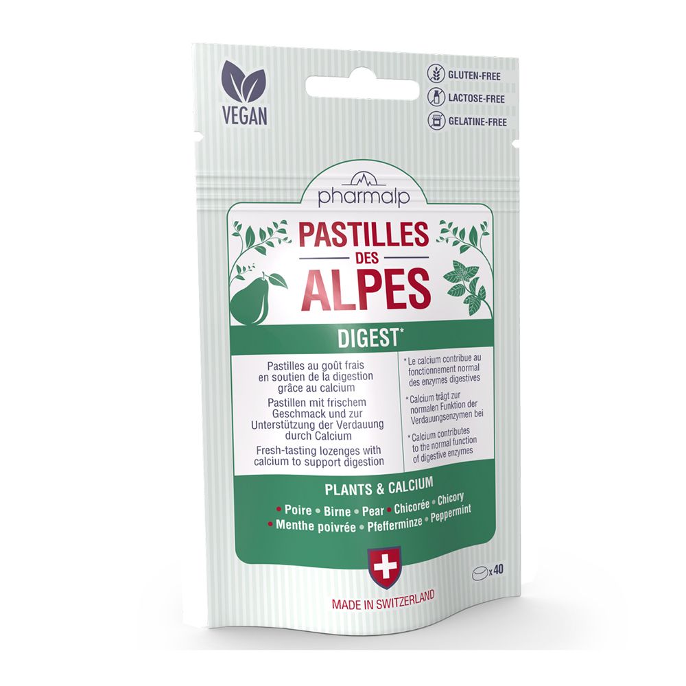 PHARMALP Pastilles des Alpes Digest: Beutel mit 40 Lutschtabletten, vegan, glutenfrei, laktosefrei, gelatinefrei.
