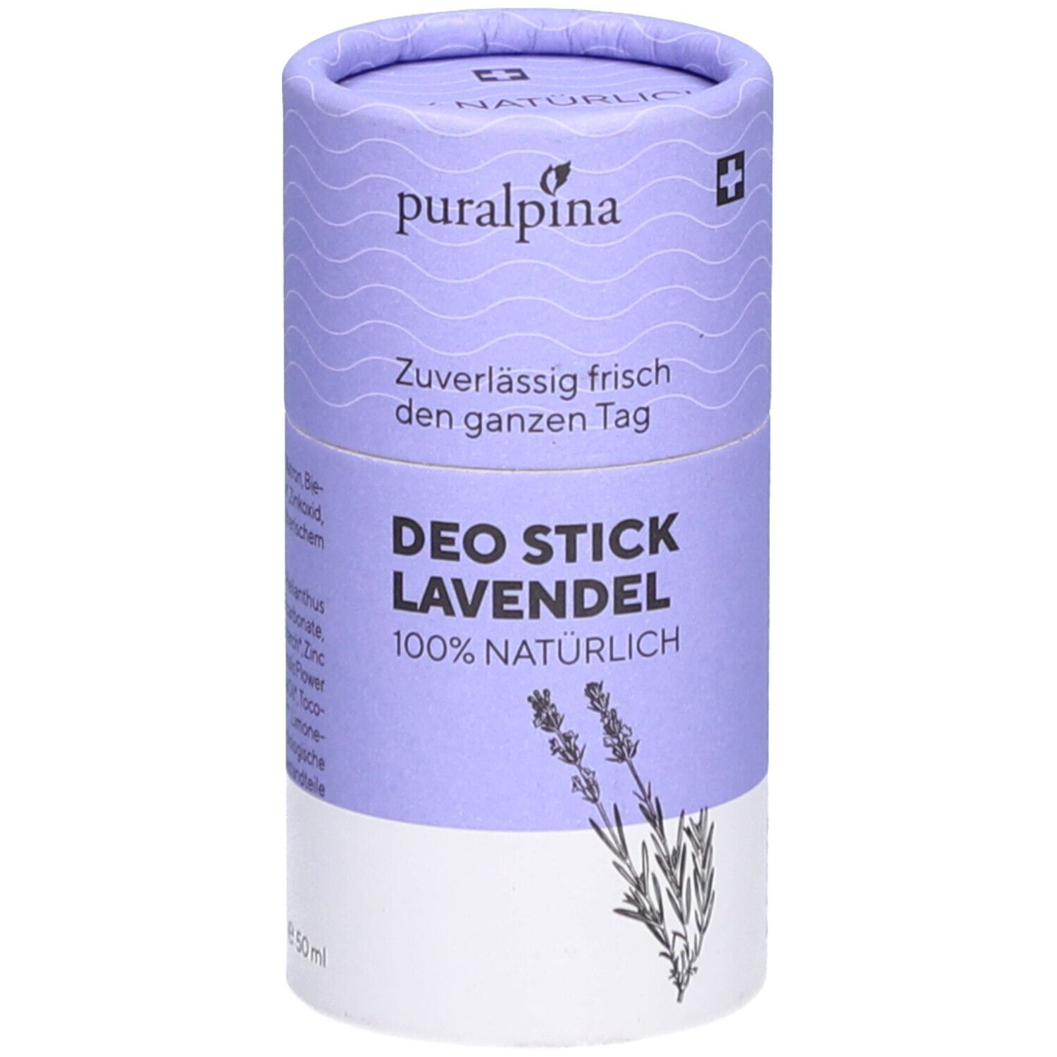 Emballage cylindrique de déodorant en stick. Haut : puralpina, croix suisse. Texte : Deo Stick Lavendel, 100% naturel. Bas : illustration de lavande.