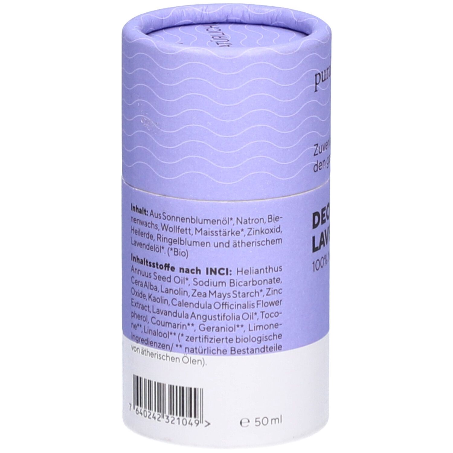 Dos de l'emballage du déodorant en stick. Texte : Ingrédients selon INCI, liste des ingrédients. En bas : code-barres, volume 50 ml.
