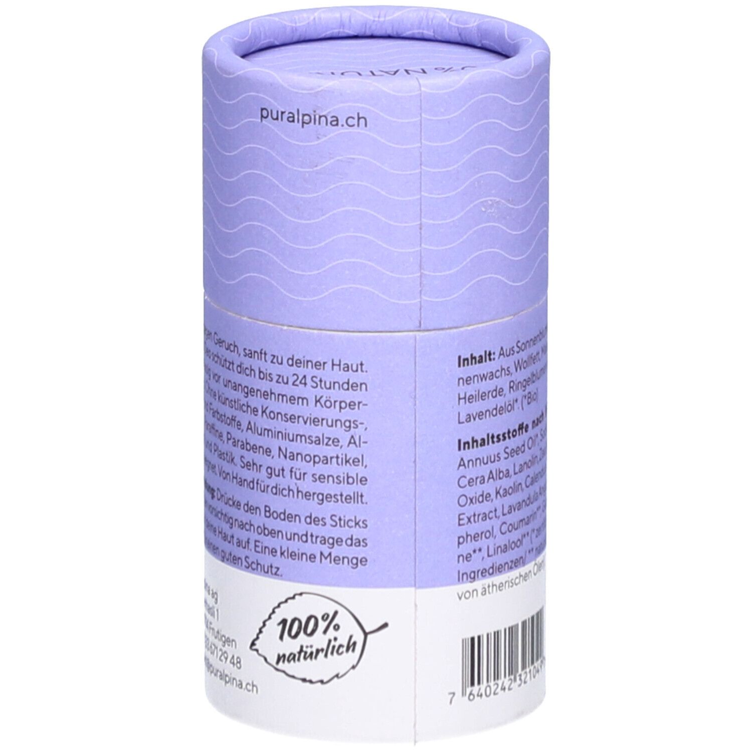 Détail de l'emballage du déodorant en stick. Motif de vagues. Texte : puralpina.ch, ingrédients, label 100% naturel.