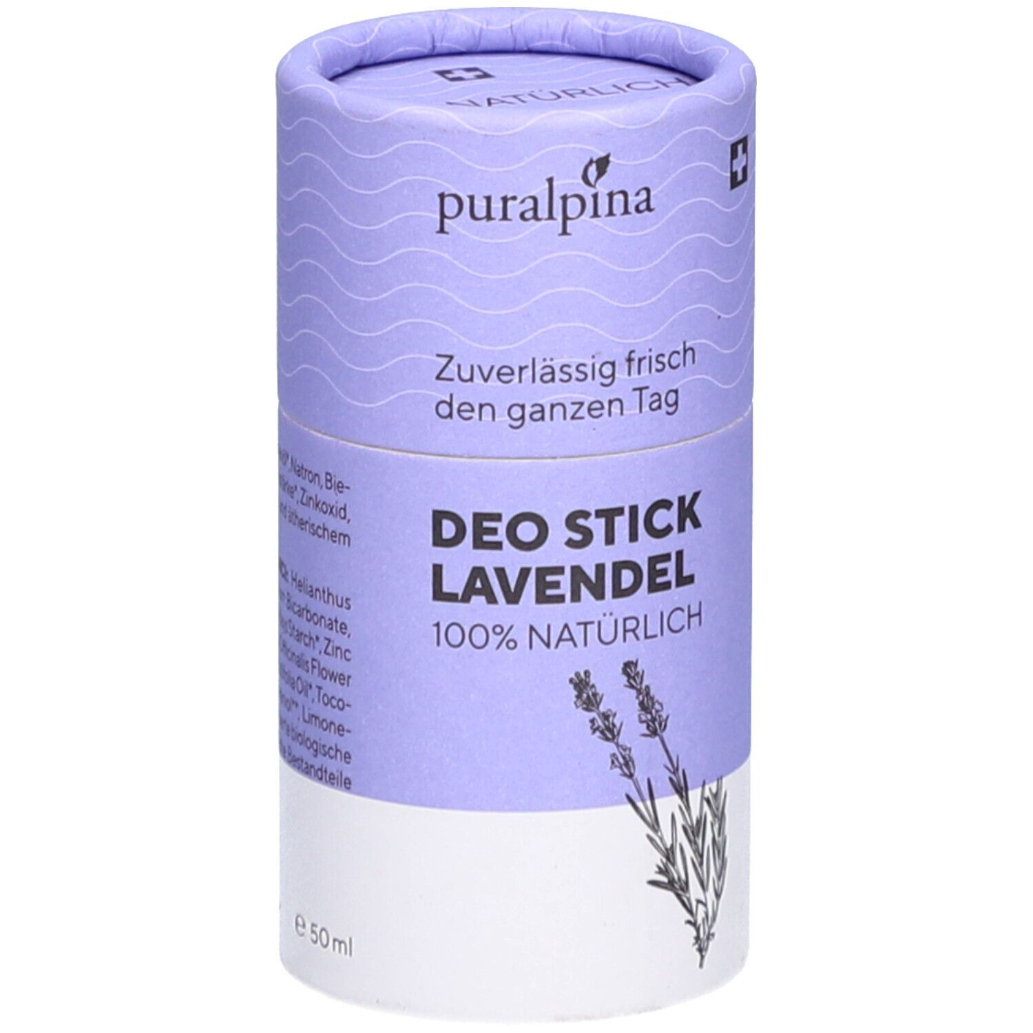 Emballage cylindrique de déodorant en stick. Haut : puralpina, croix suisse. Texte : Deo Stick Lavendel, 100% naturel. Bas : illustration de lavande.