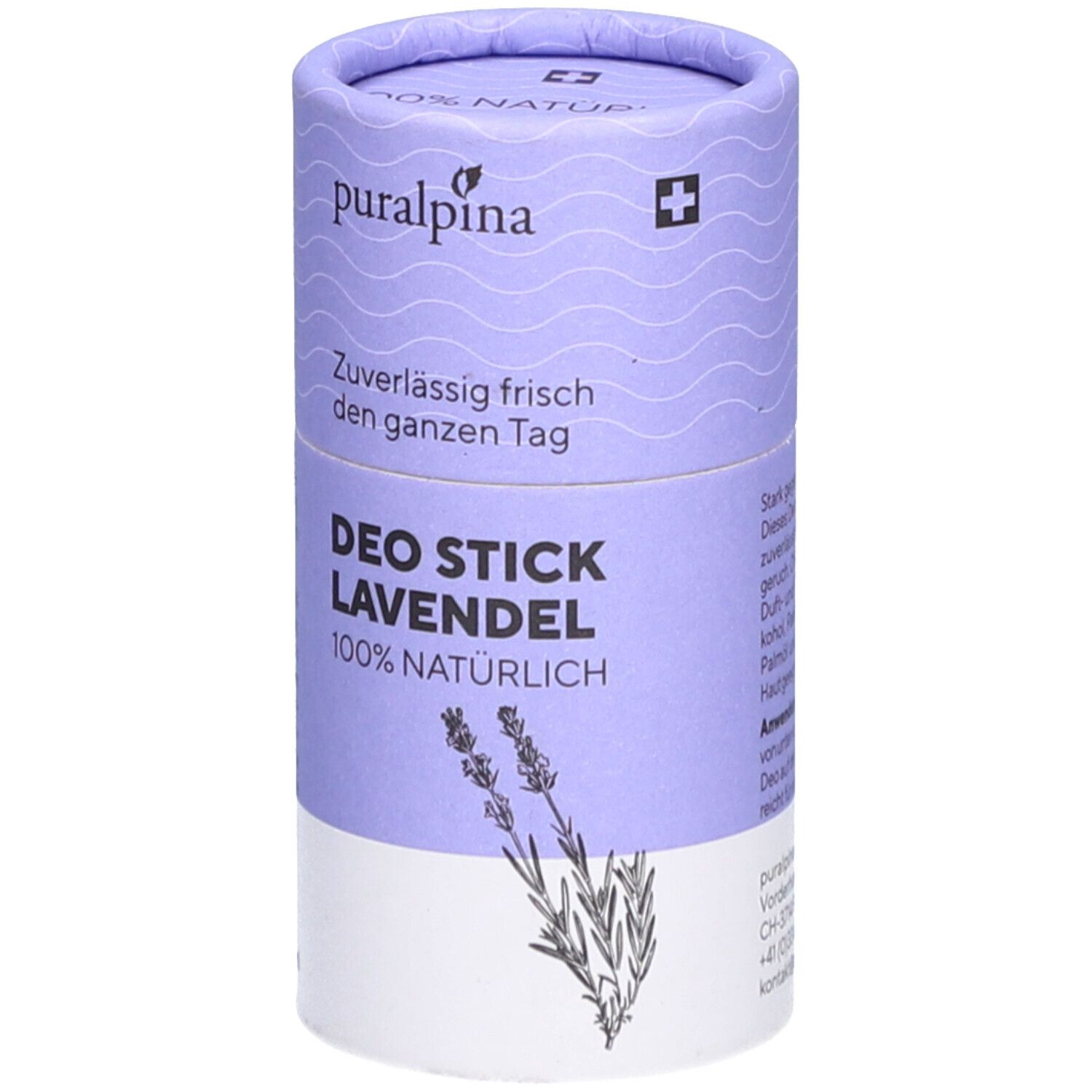 Emballage cylindrique de déodorant en stick. Haut : puralpina, croix suisse. Texte : Deo Stick Lavendel, 100% naturel. Bas : illustration de lavande.