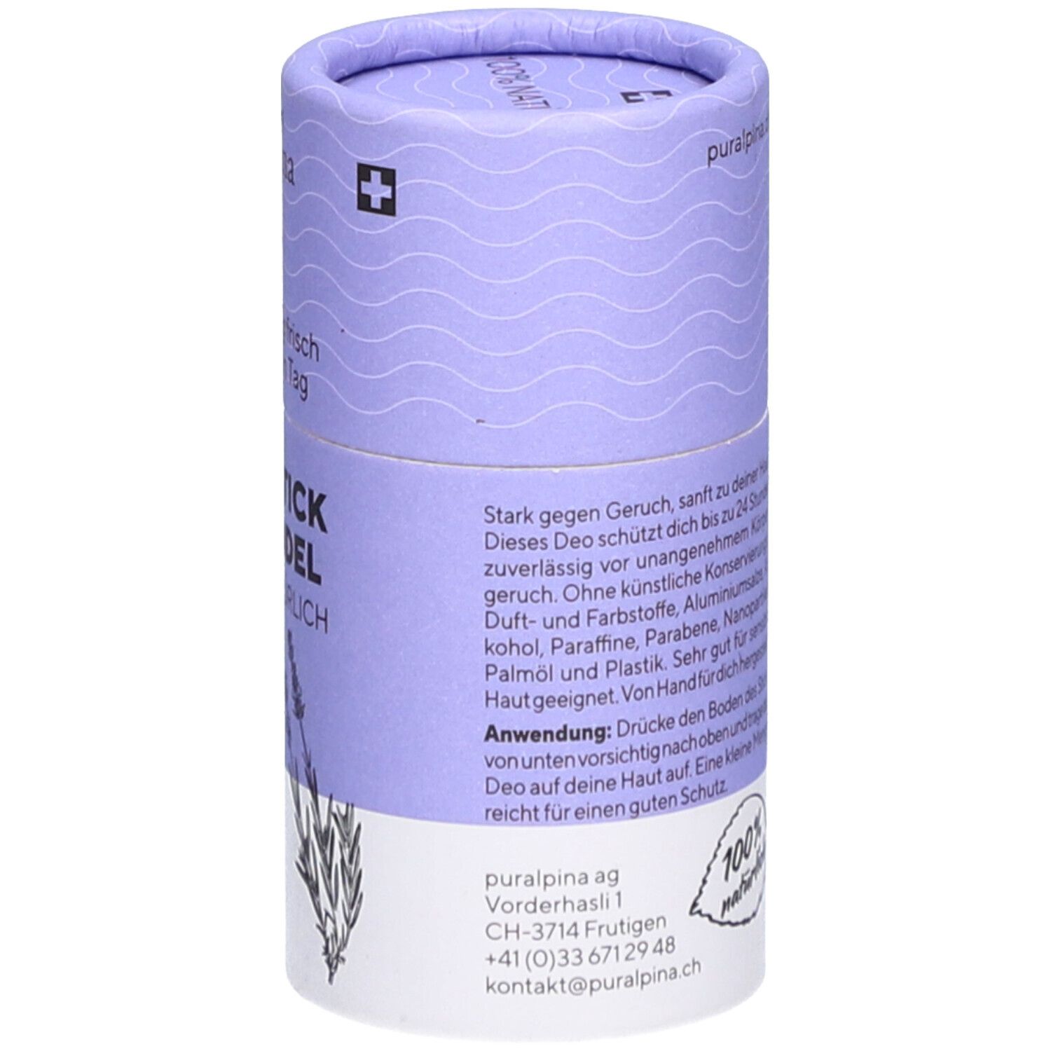 Détail de l'emballage du déodorant en stick. Texte : puralpina, instructions d'utilisation, label 100% naturel. Adresse, coordonnées.