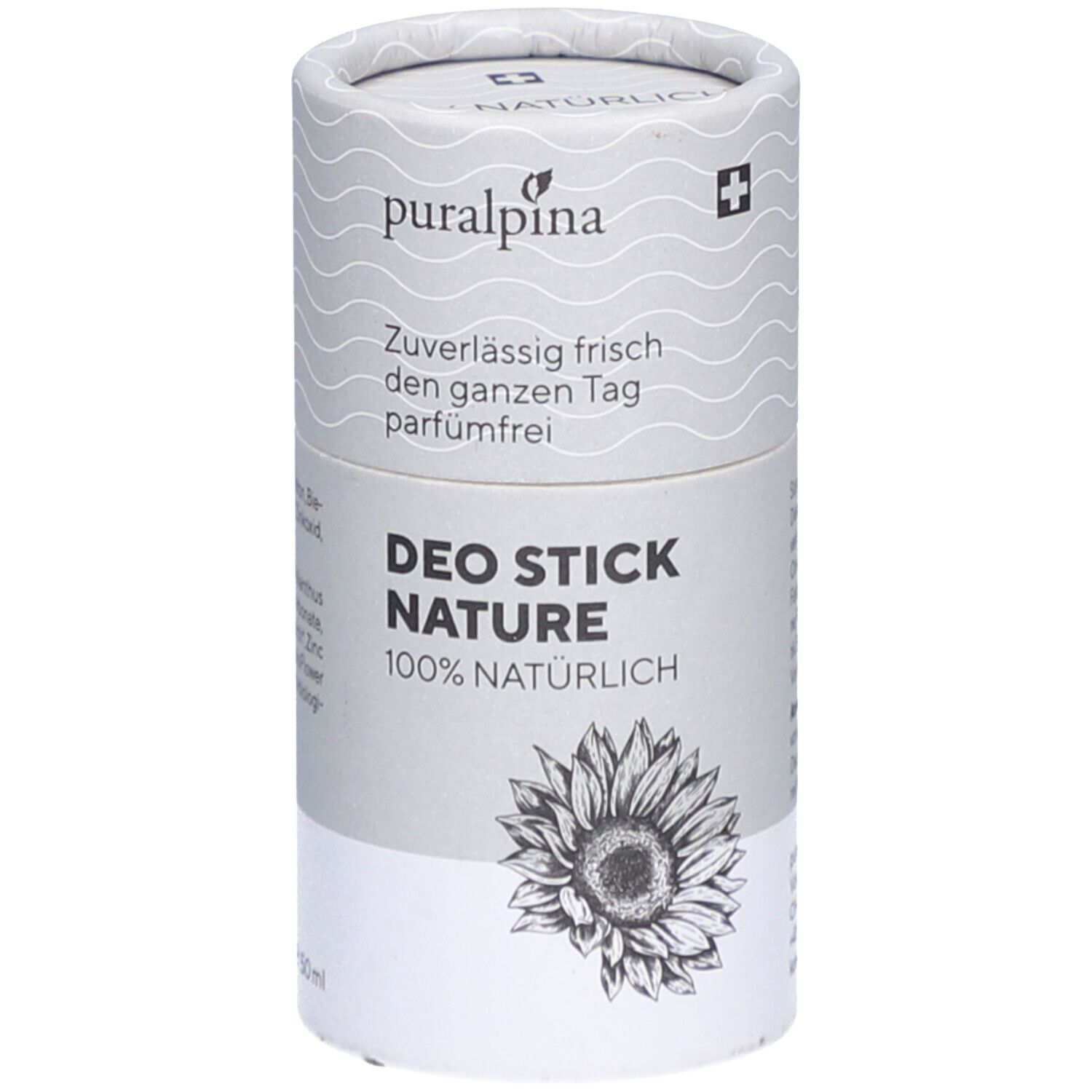 Emballage cylindrique avec logo "puralpina", "DEO STICK NATURE" et illustration de tournesol. 100% naturel.