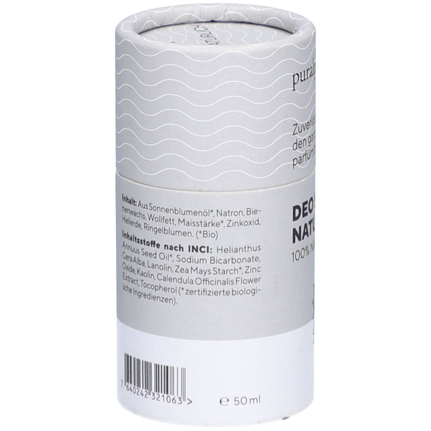 Emballage cylindrique avec ingrédients: Huile de tournesol, bicarbonate de soude, lanoline, amidon de maïs, oxyde de zinc, calendula. 50 ml.