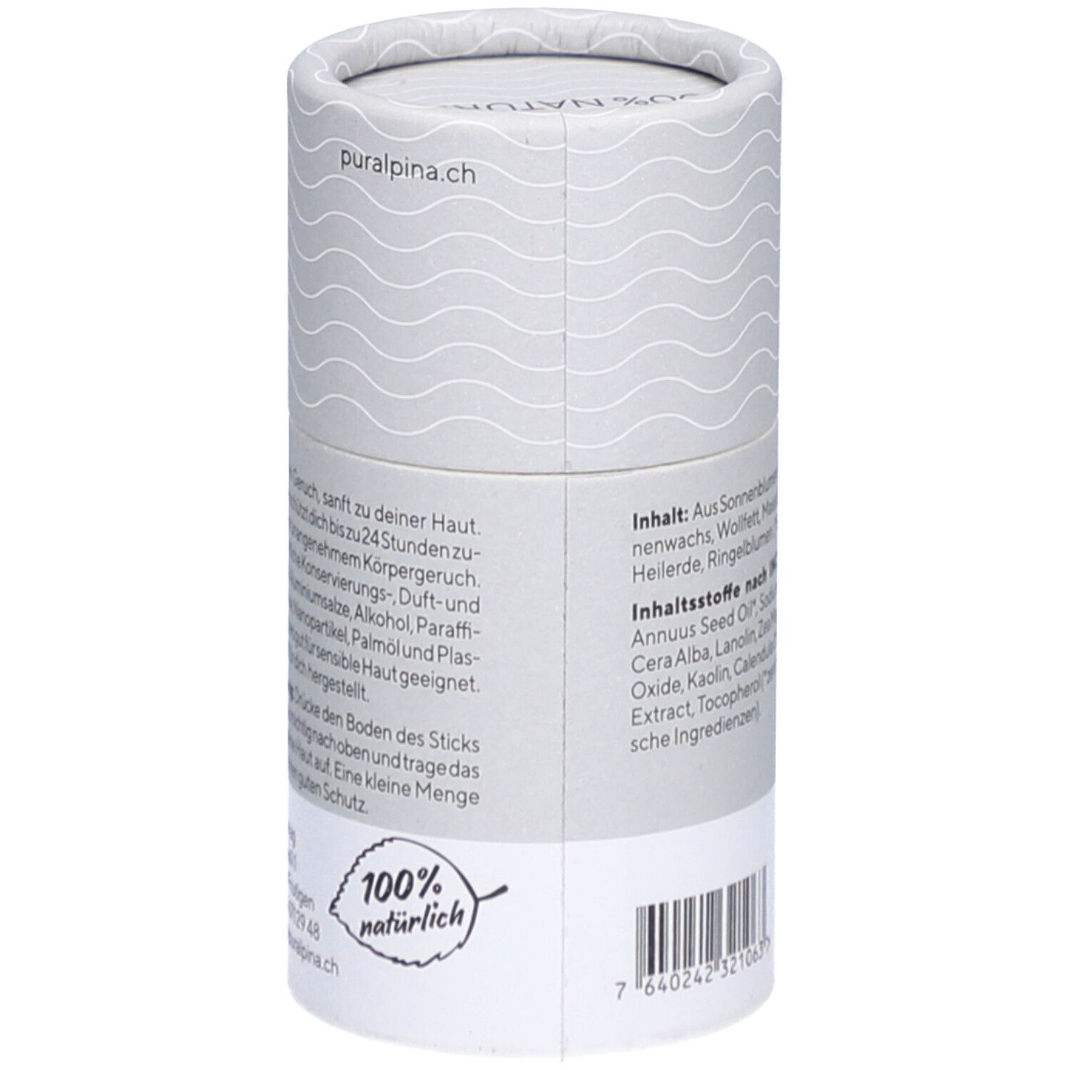Emballage cylindrique avec texte: "100% naturel". Contient des informations sur l'utilisation et les ingrédients. Code-barres.
