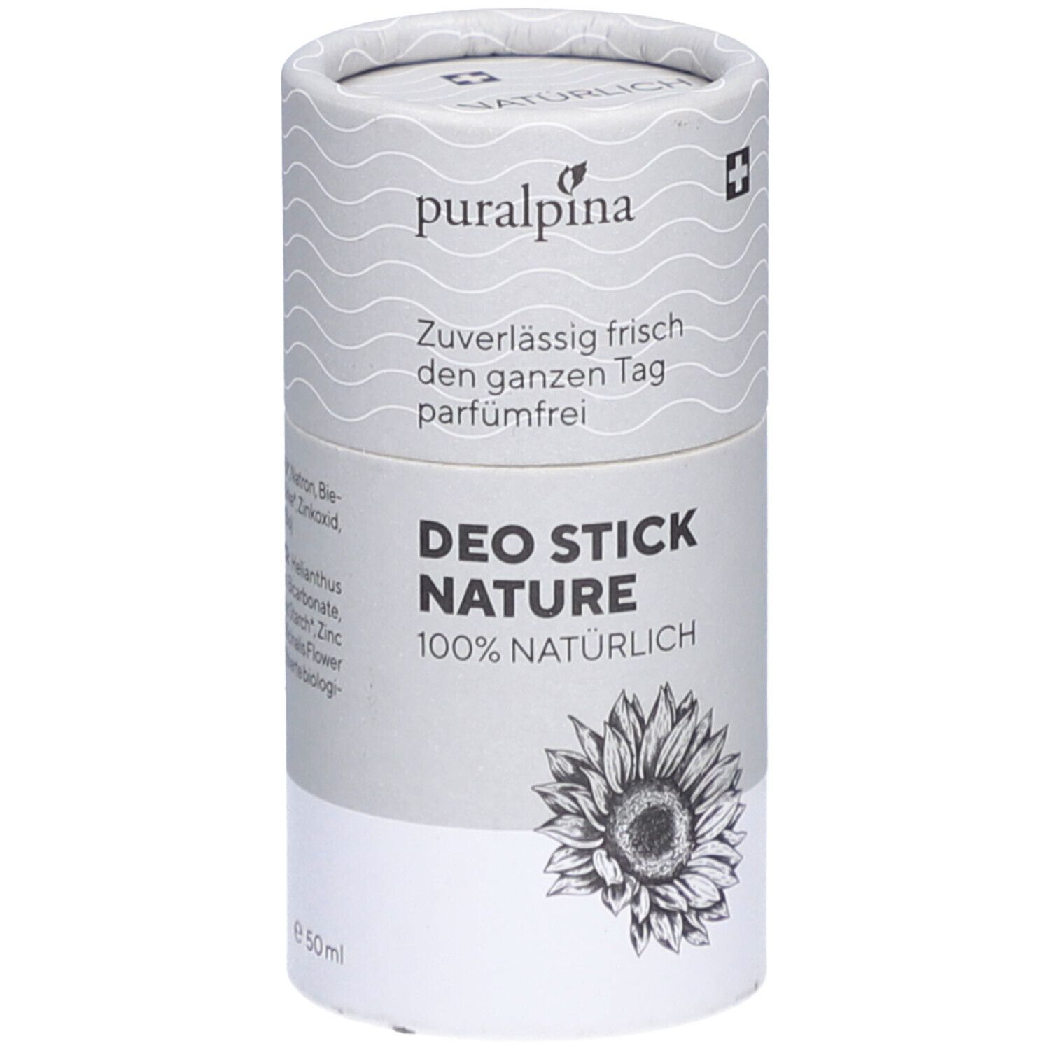 Emballage cylindrique avec logo "puralpina", "DEO STICK NATURE" et illustration de tournesol. 100% naturel. 50 ml.