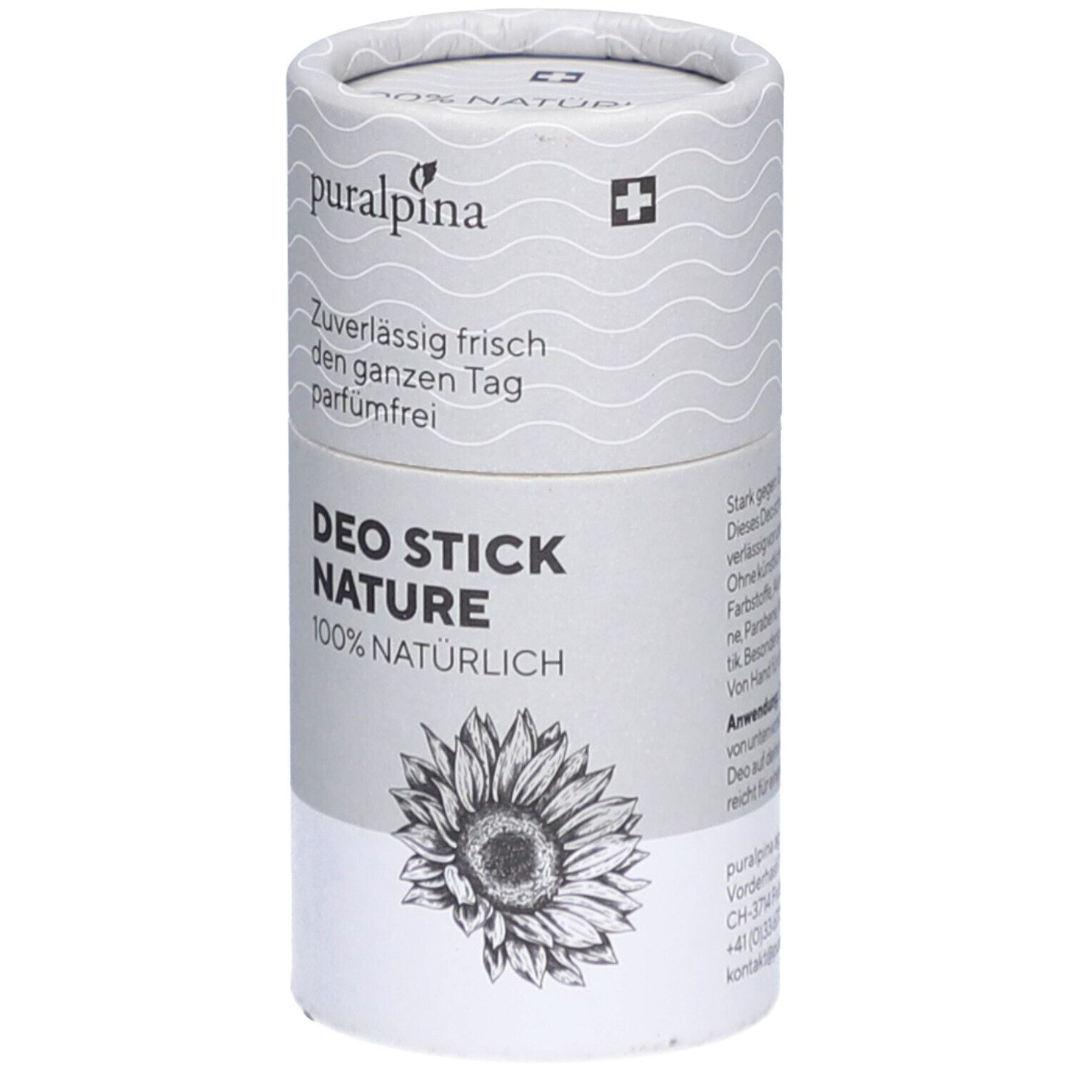 Emballage cylindrique avec logo "puralpina", "DEO STICK NATURE" et illustration de tournesol. 100% naturel.