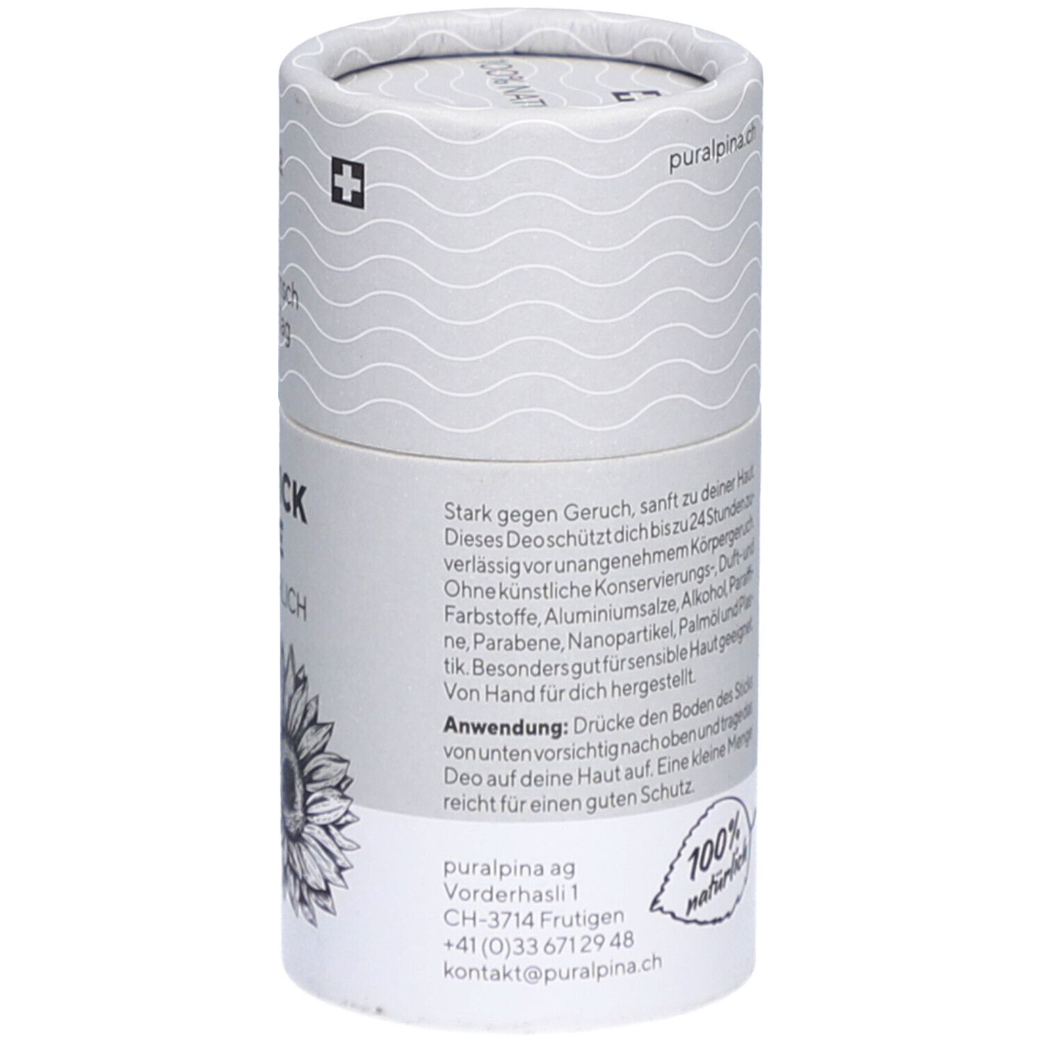 Emballage cylindrique avec texte: "100% naturel". Adresse et coordonnées. Croix suisse.