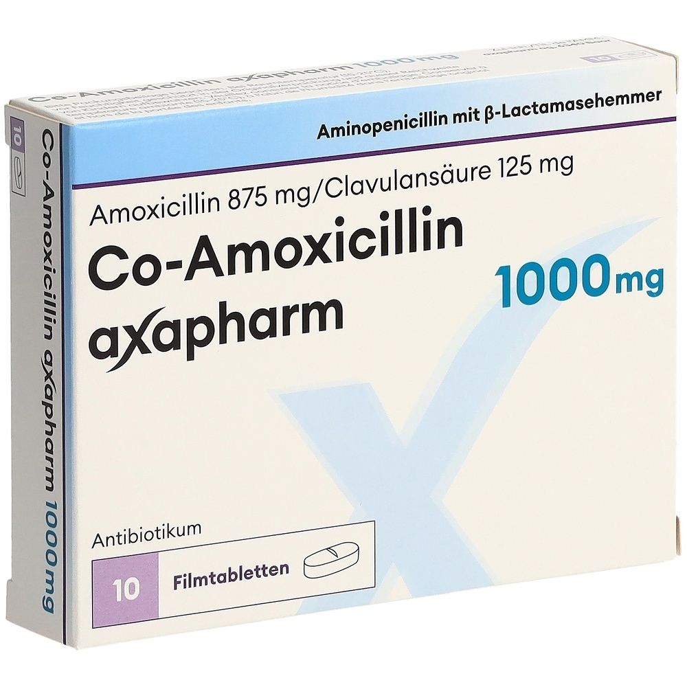 Verpackung von Co-Amoxicillin axapharm 1000 mg Filmtabletten. Enthält 10 Tabletten. Aufschrift: Antibiotikum.