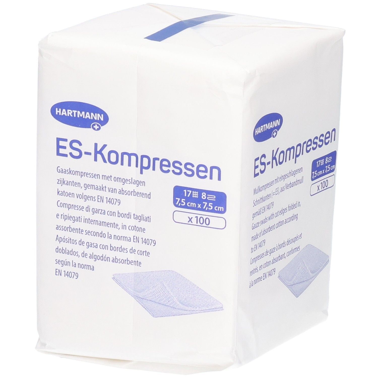 Hartmann ES-Kompressen, Mullkompressen mit eingeschlagenen Schnittkanten, 7,5 x 7,5 cm, 100 Stück.