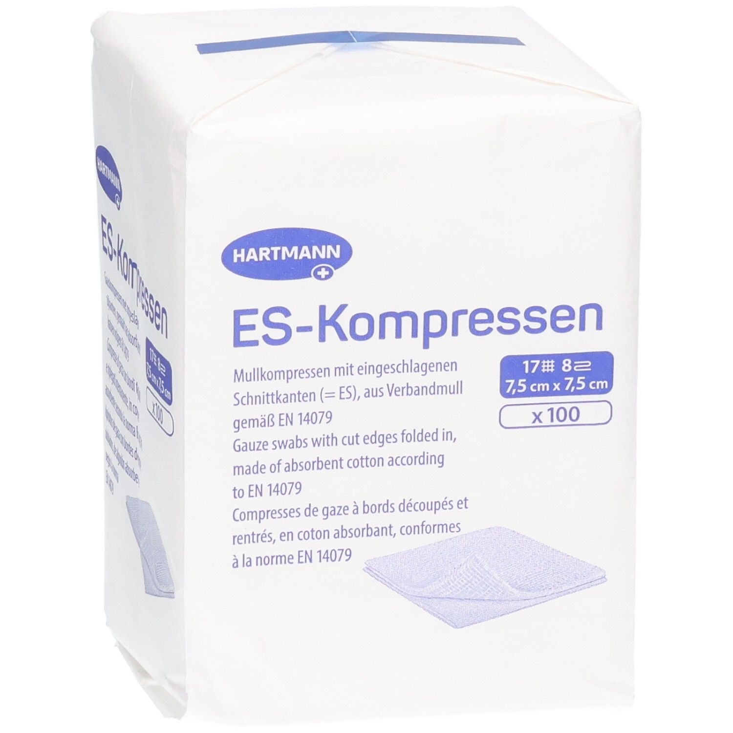 Hartmann ES-Kompressen, Mullkompressen mit eingeschlagenen Schnittkanten, 7,5 x 7,5 cm, 100 Stück.