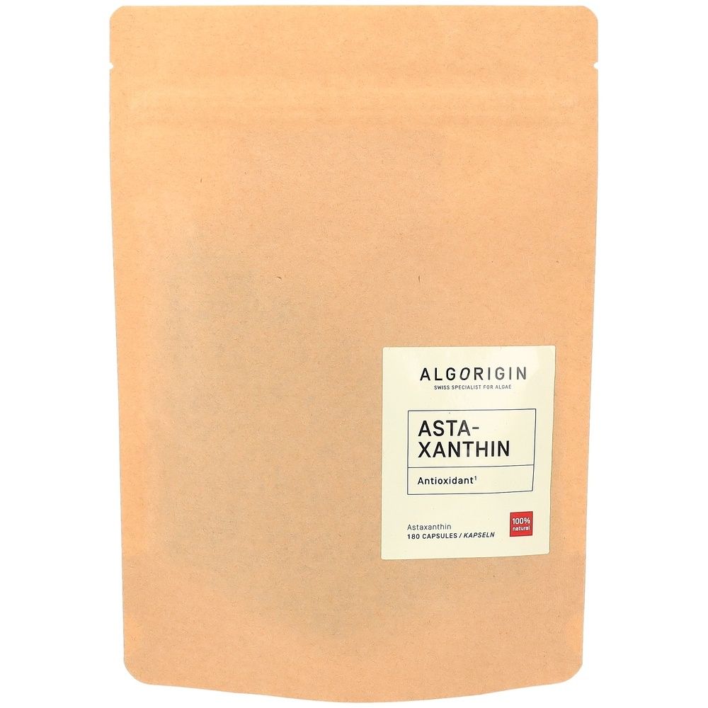 Beutel mit Produktetikett. Aufschrift: Algorigin, Asta-Xanthin, Antioxidant. 100% Siegel.