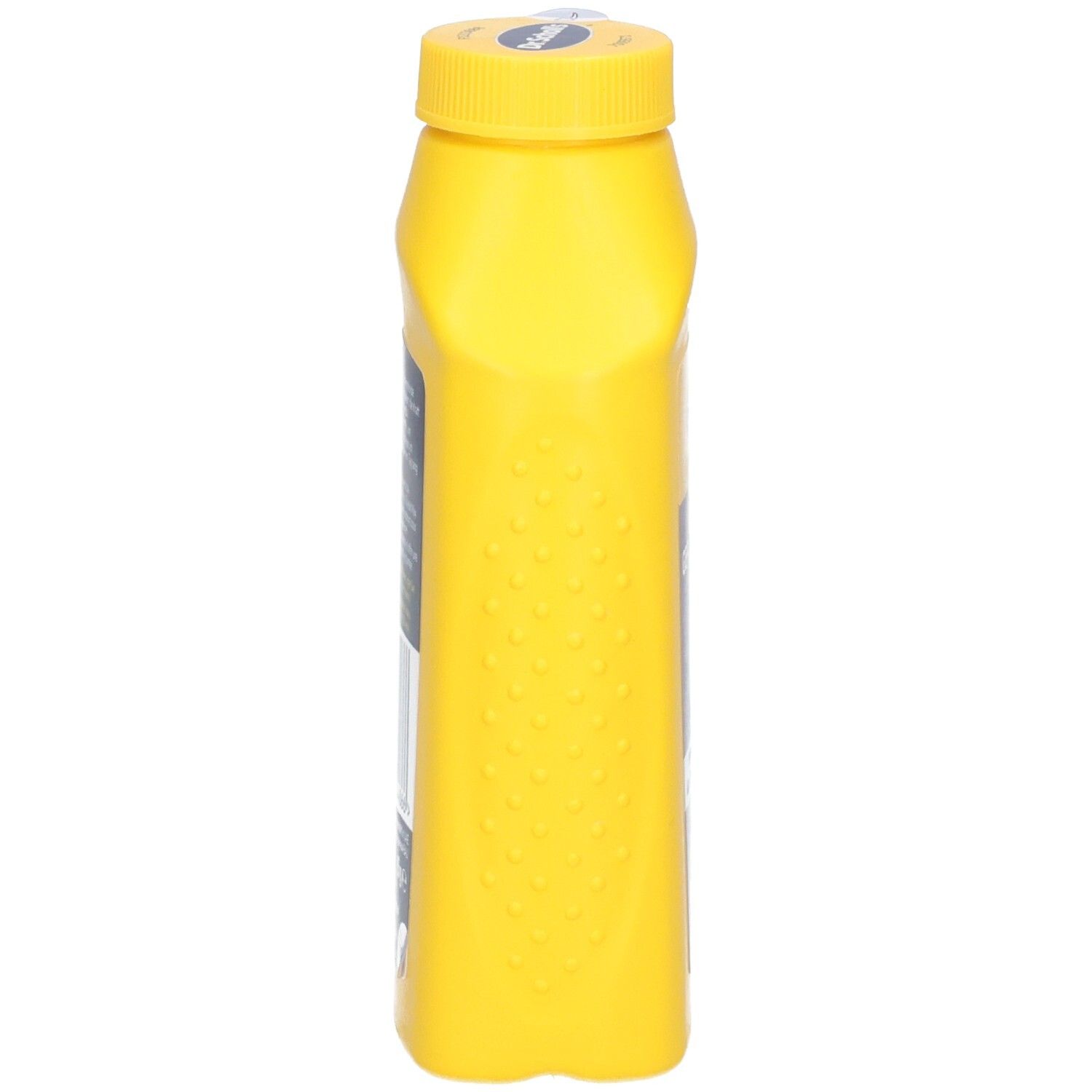Seitenansicht der gelben Flasche Dr. Scholl's Ultra Geruchsstopp Fußpuder mit geriffelter Textur.