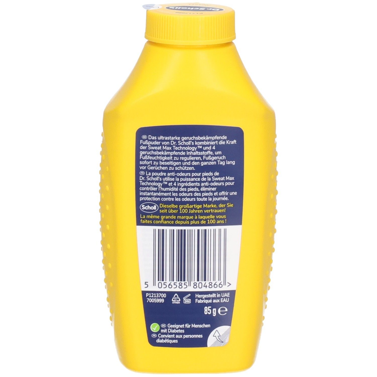Rückseite der gelben Flasche Dr. Scholl's Ultra Geruchsstopp Fußpuder mit Barcode und Produktinformationen.