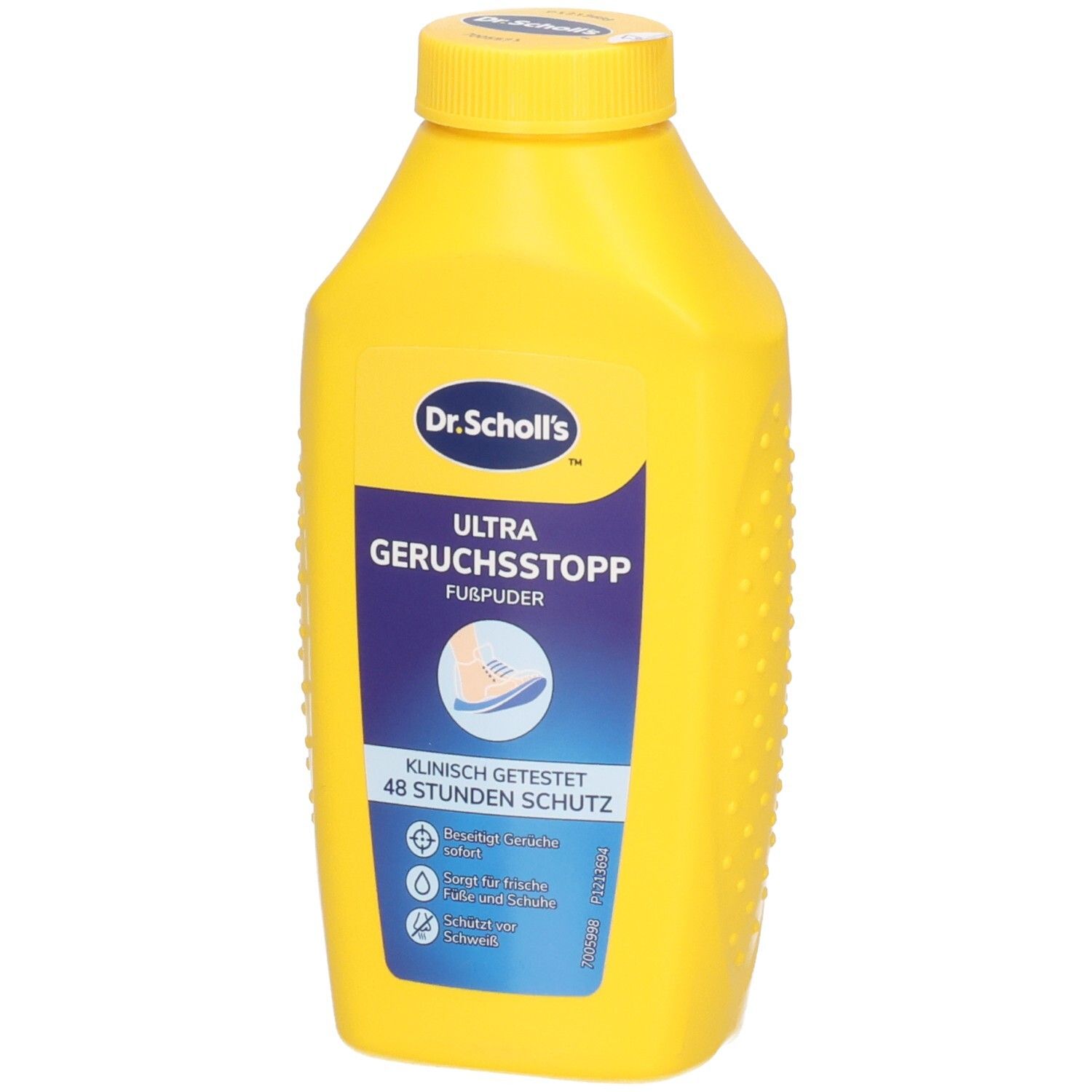 Gelbe Flasche Dr. Scholl's Ultra Geruchsstopp Fußpuder, Nahaufnahme des blauen Etiketts mit Fußsymbol.