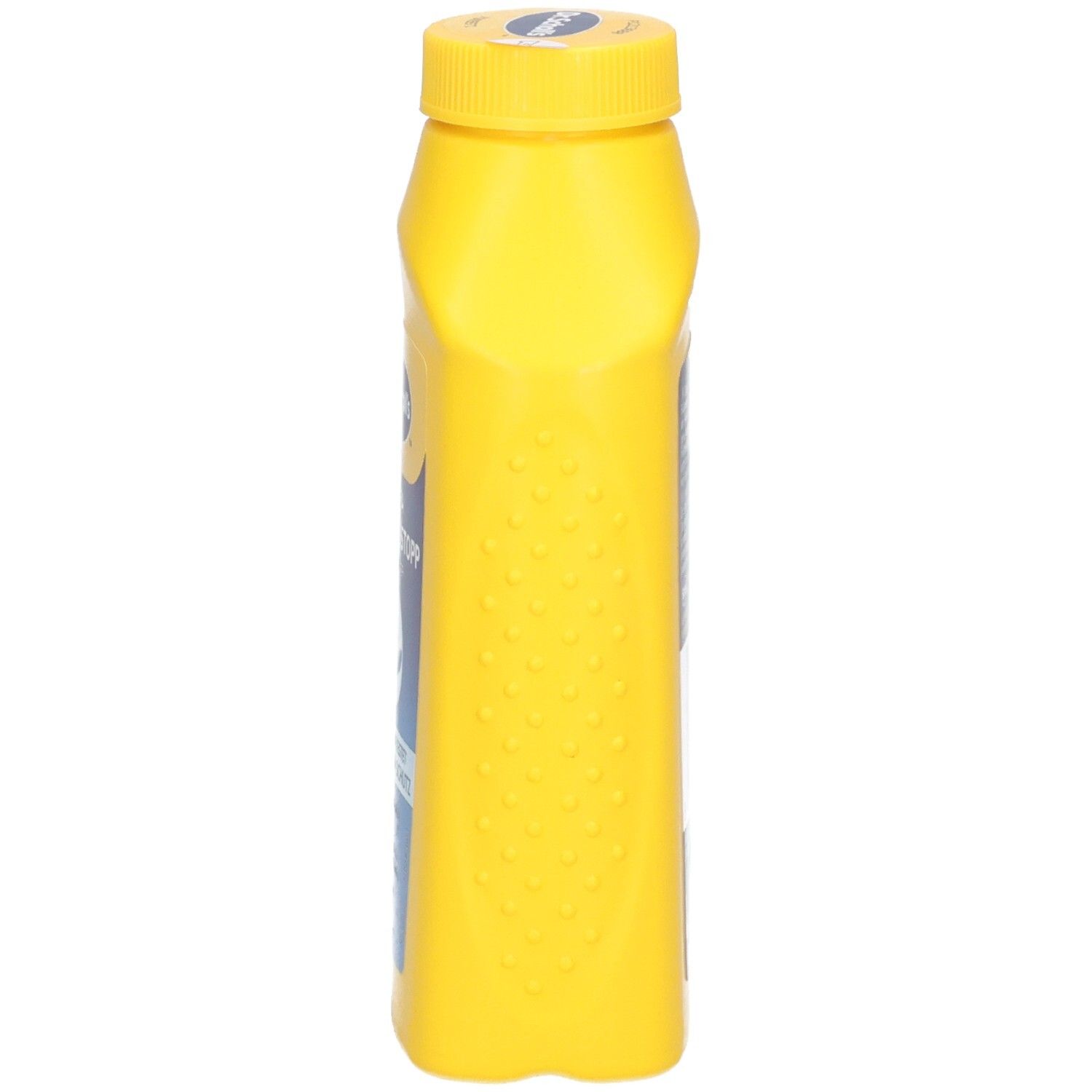 Seitenansicht der gelben Flasche Dr. Scholl's Ultra Geruchsstopp Fußpuder, Fokus auf die geriffelte Seite.
