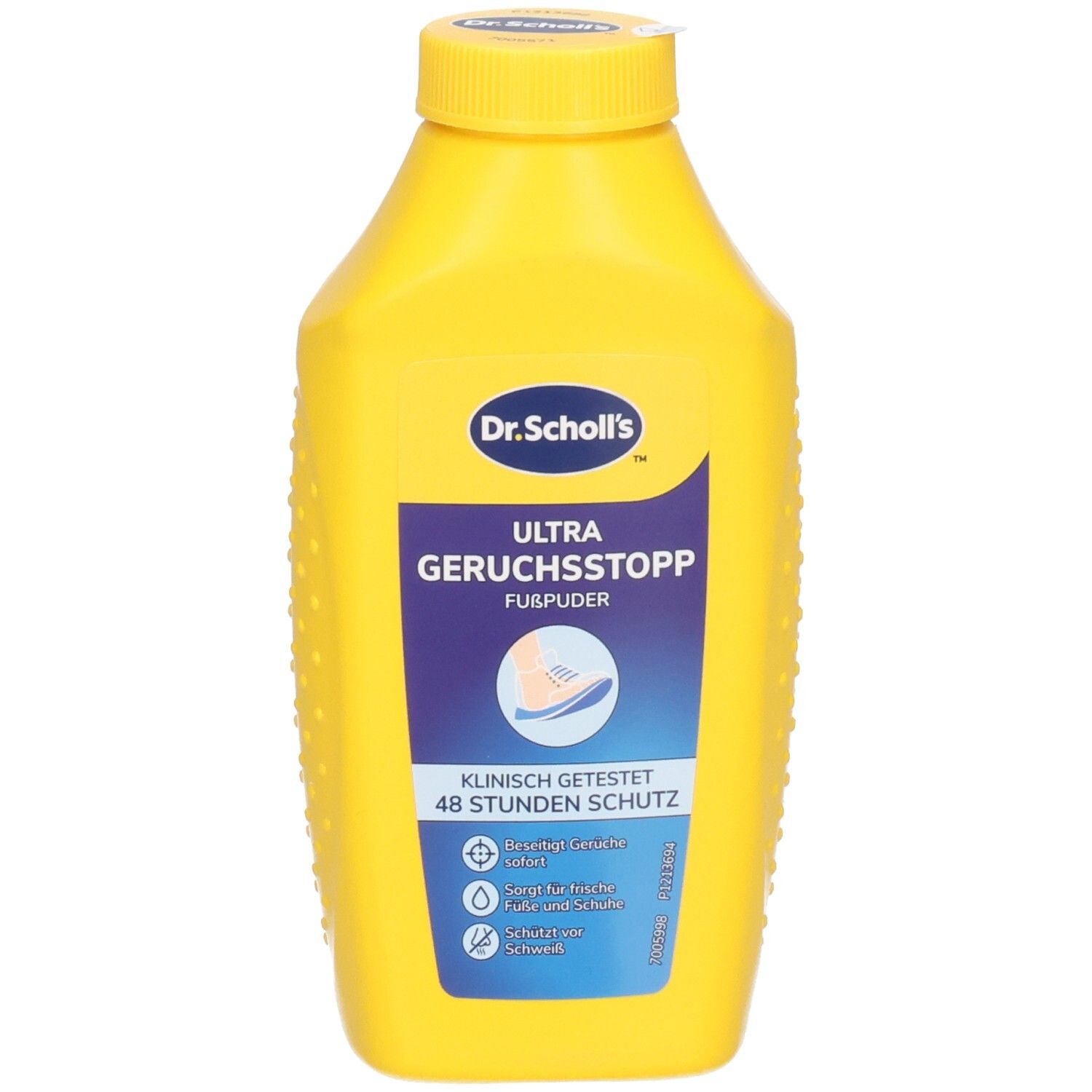 Gelbe Flasche Dr. Scholl's Ultra Geruchsstopp Fußpuder, Vorderansicht mit Fokus auf das Etikett und den Deckel.