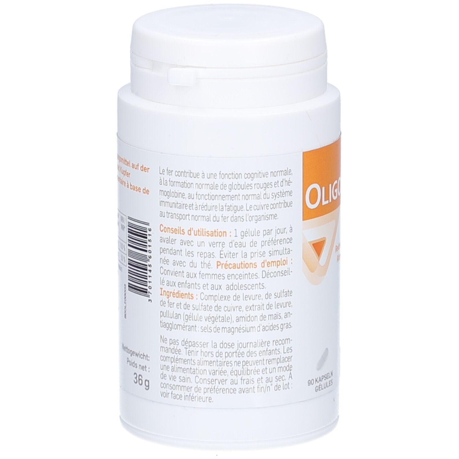 Dos du flacon blanc. Texte en allemand et français. Contient 36g. 60 gélules.
