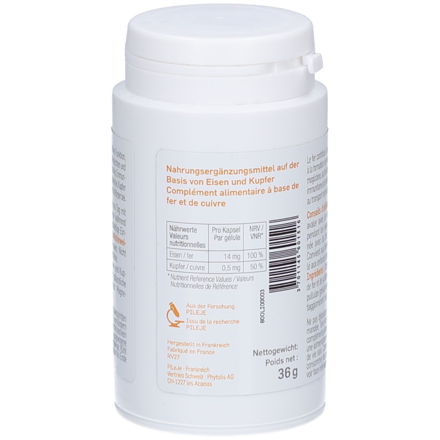 Dos du flacon blanc. Contient des informations nutritionnelles pour le fer et le cuivre. Poids net: 36g.