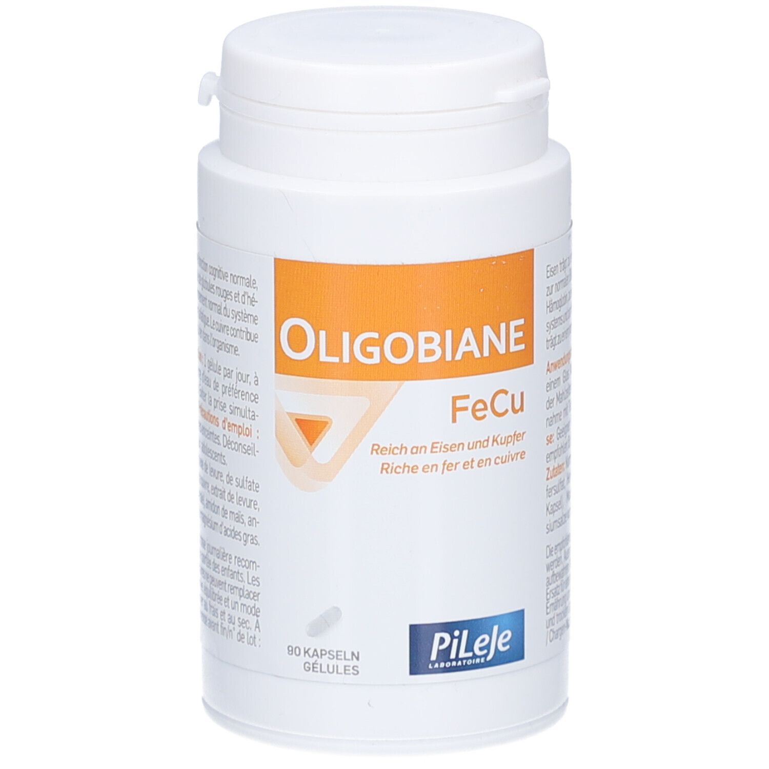 Flacon blanc avec étiquette orange. Inscription: Oligobiane FeCu. Contient 60 gélules. Marque: Pileje.