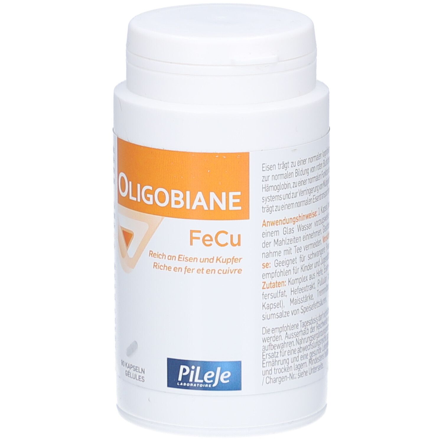 Flacon blanc avec étiquette orange. Inscription: Oligobiane FeCu. Contient 60 gélules. Marque: Pileje.