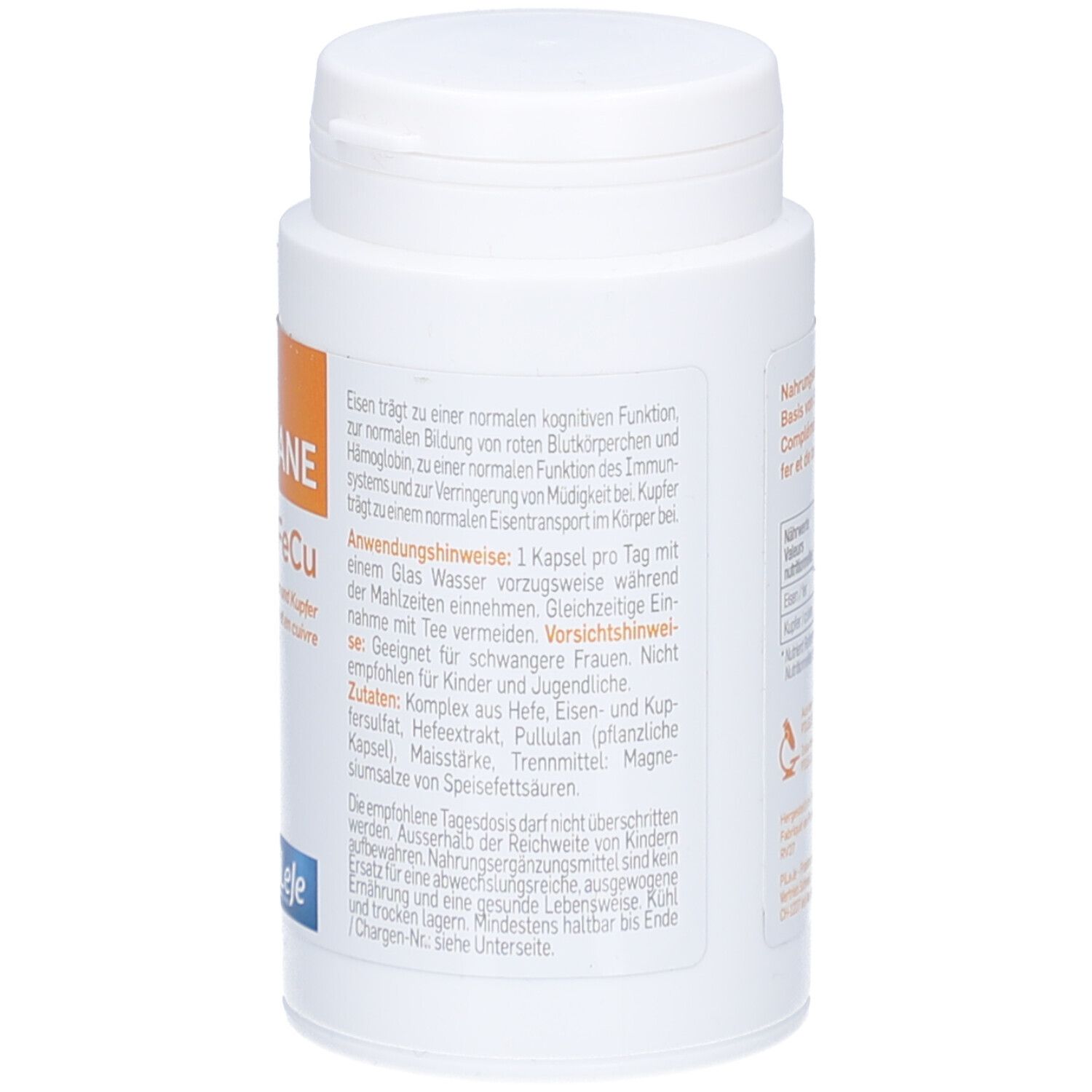 Dos du flacon blanc. Texte en allemand. Contient ingrédients et conseils d'utilisation. Marque: Pileje.