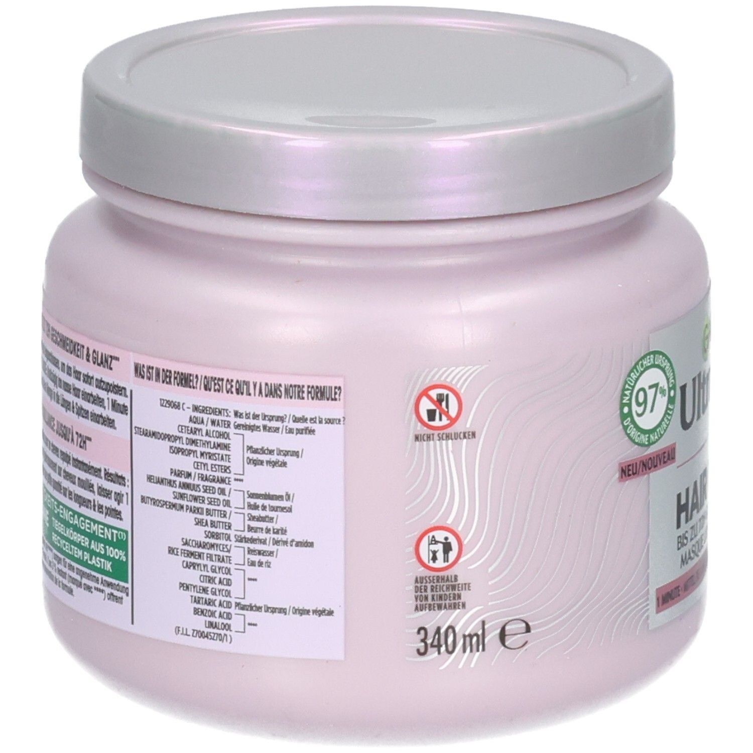 Rückseite Garnier Ultra Doux Haarkur mit Inhaltsstoffen und Anwendungshinweisen.