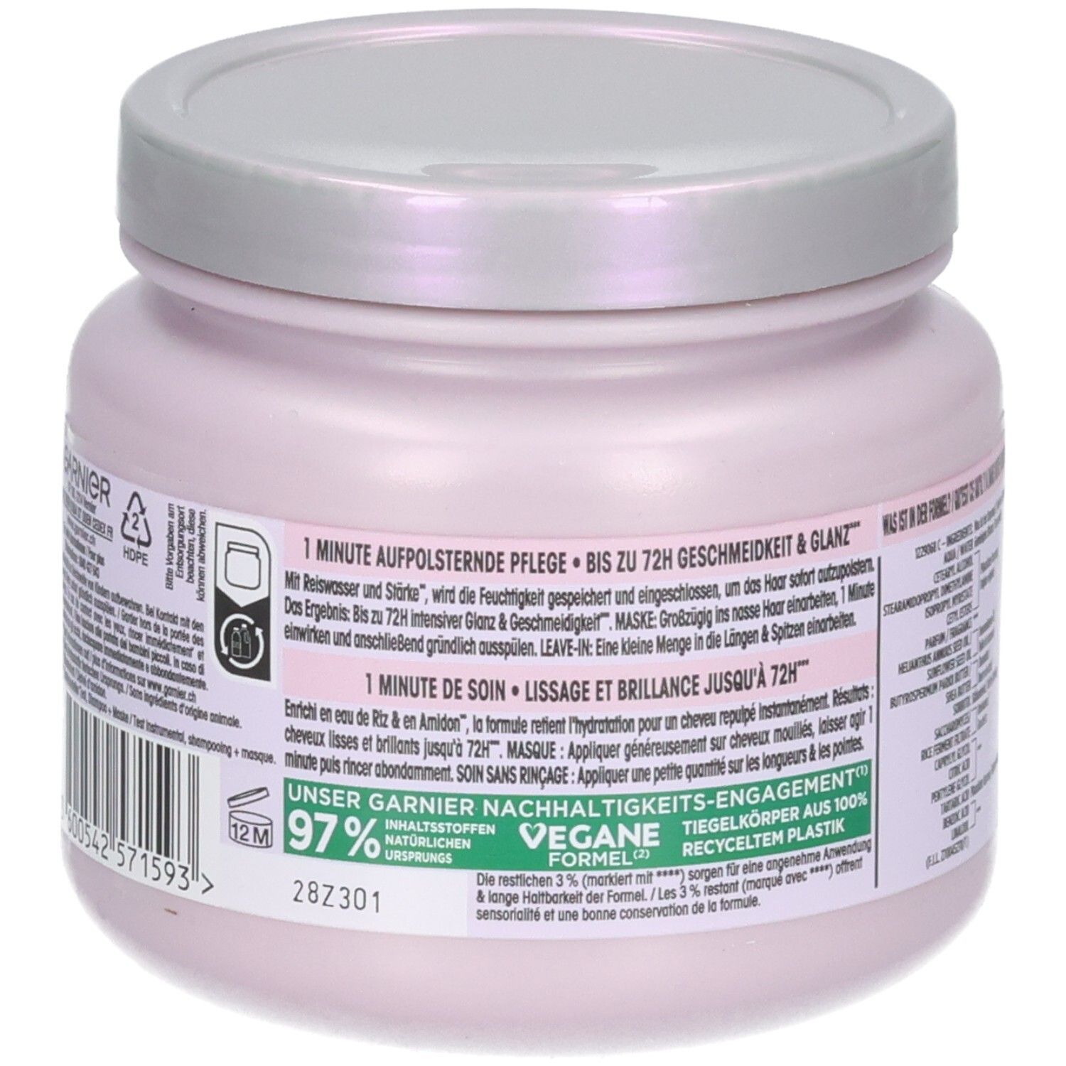 Rückseite Garnier Ultra Doux Haarkur mit Nachhaltigkeitsinformationen und Barcode.