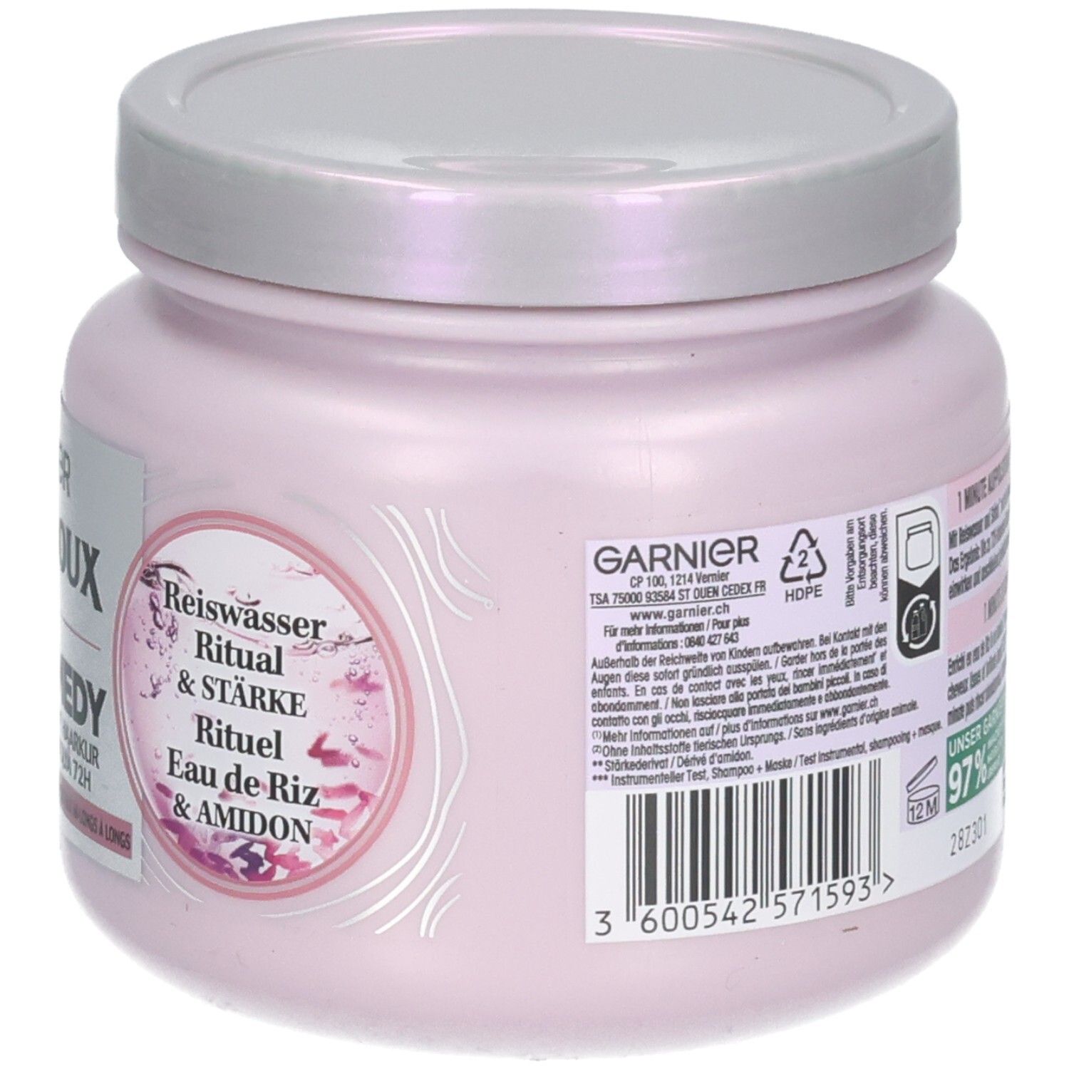 Garnier Ultra Doux Haarkur mit Reiswasser & Stärke, Rückseite mit Details.