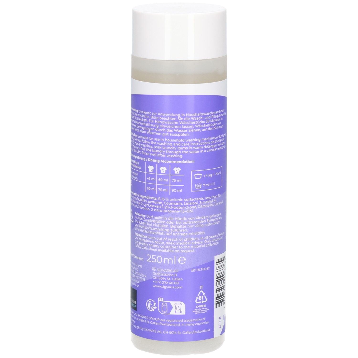 Flasche mit lila Etikett, 250ml Inhalt, mit Dosierungsanleitung für Handwäsche und Waschmaschine.