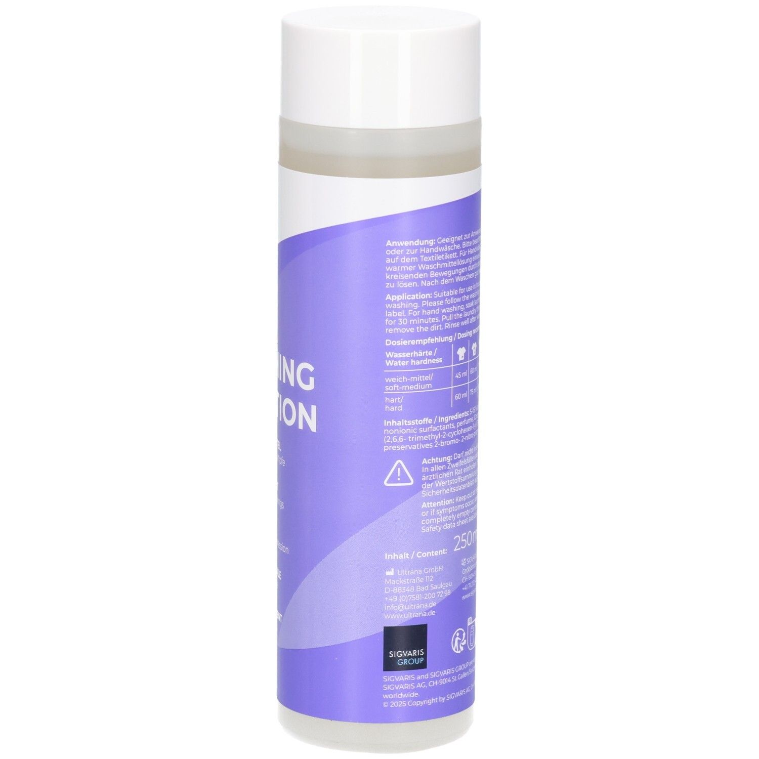 Flasche mit lila und weißem Etikett, Text 'MASSAGING LOTION'.