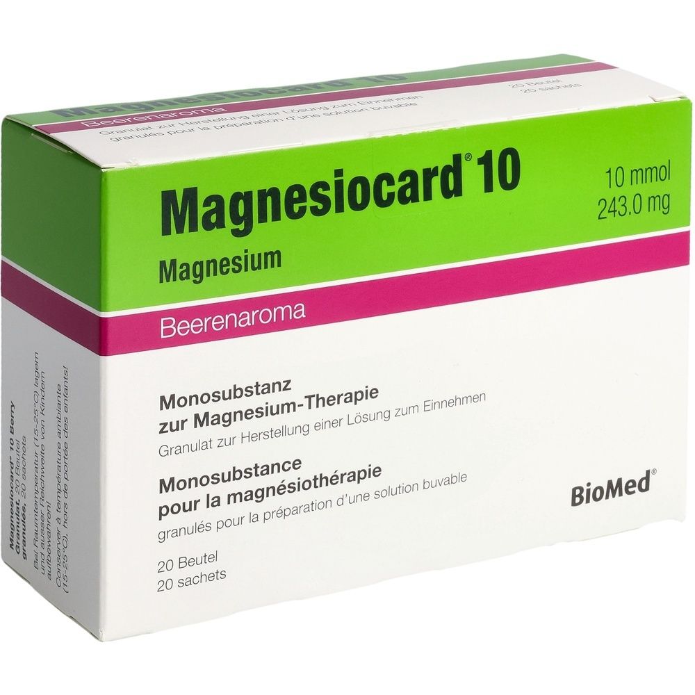 Boîte de MAGNESIOCARD 10, magnésium, arôme baies. Contient 20 sachets. Inscription : Monosubstance pour magnésiothérapie, 10 mmol.
