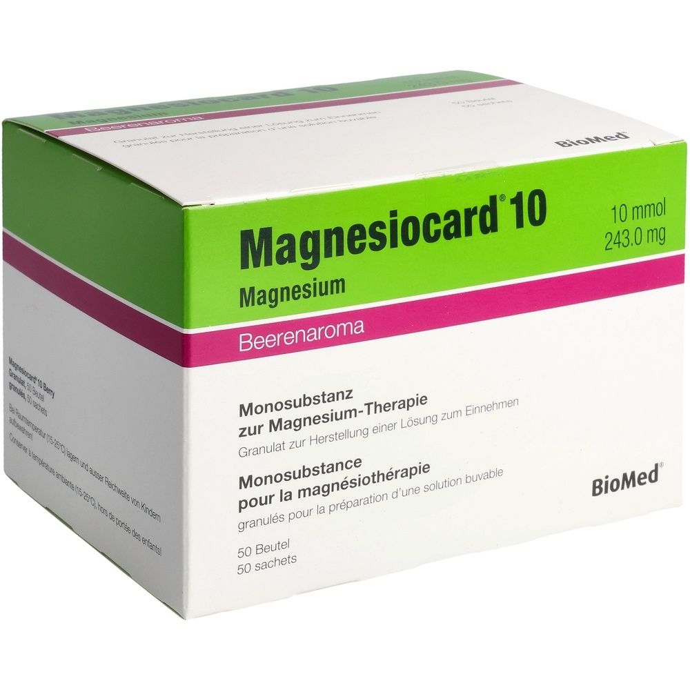 Verpackung von Magnesiocard 10, Magnesium, Beerenaroma. Enthält 50 Beutel. Grün-weißes Design mit Produktinformationen und BioMed-Logo.