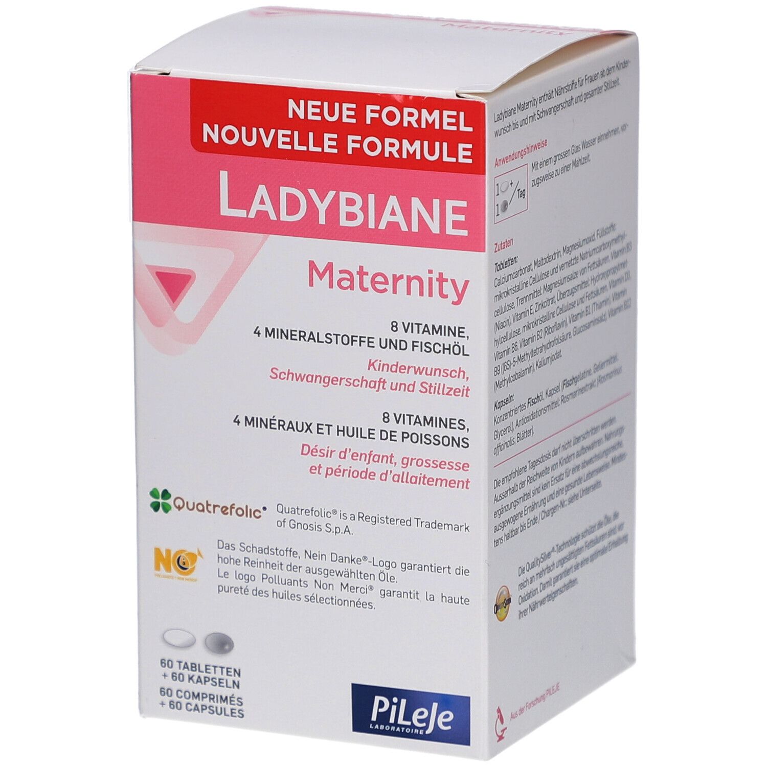 Verpackung von Ladybiane Maternity. Rosa-weiße Schachtel mit Produktinformationen und Logo. Enthält Tabletten und Kapseln.