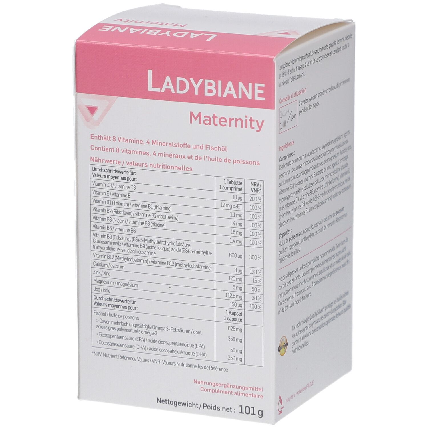 Seite der Ladybiane Maternity Verpackung. Enthält Nährwertangaben und Inhaltsstoffe. Gewicht: 101g.