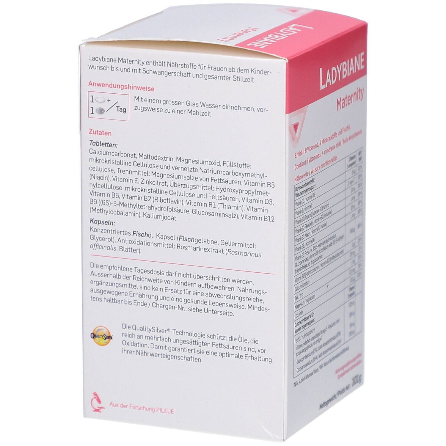 Seite der Ladybiane Maternity Verpackung. Enthält Anwendungshinweise und Inhaltsstoffe.