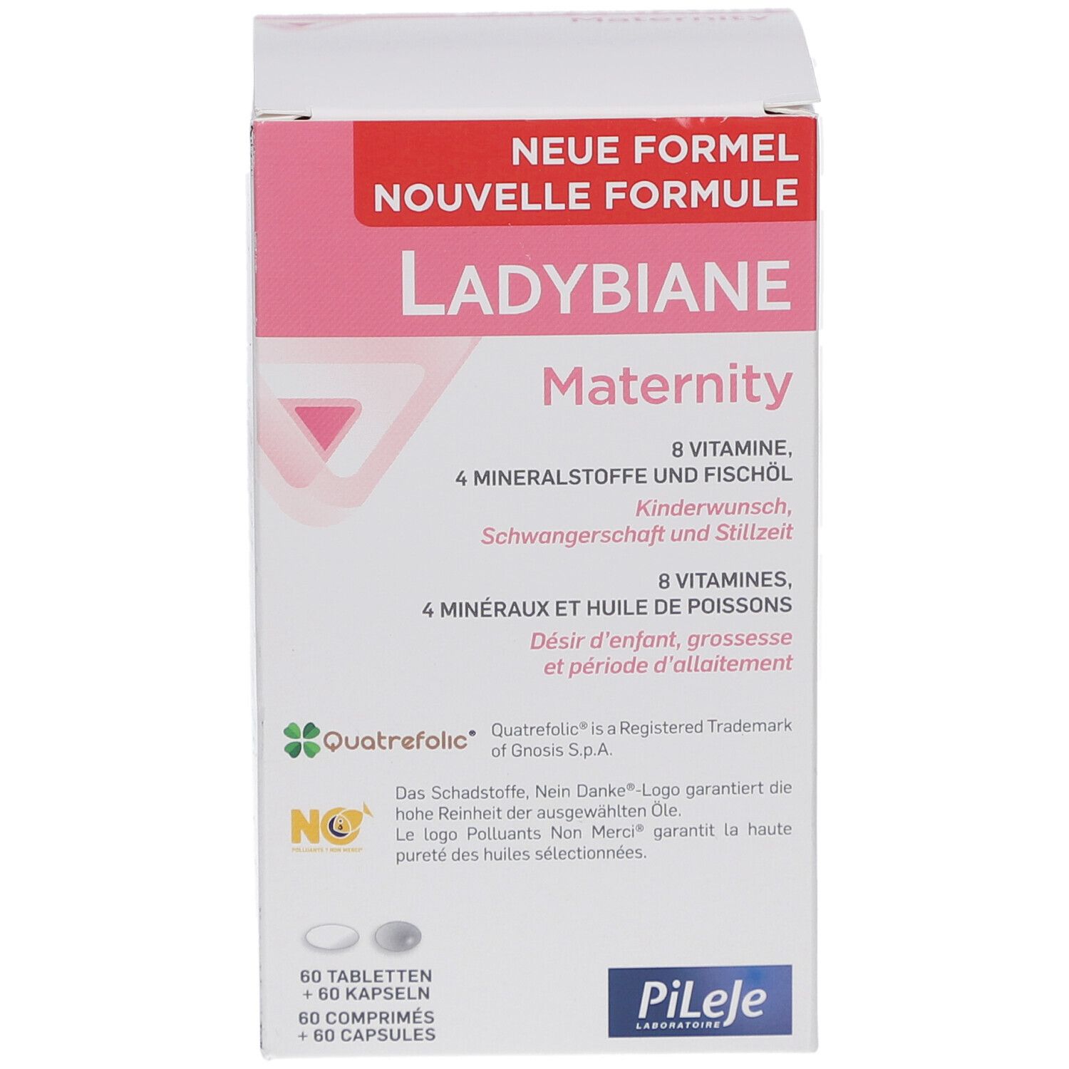 Vorderseite der Ladybiane Maternity Verpackung. Rosa-weiße Schachtel mit Produktinformationen und Logo.