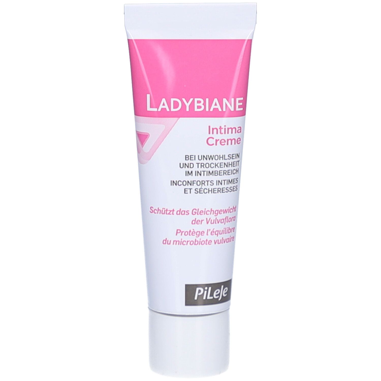 Tube de crème avec accents roses. Inscription : Ladybiane Intima Crème. Logo du fabricant Pileje.