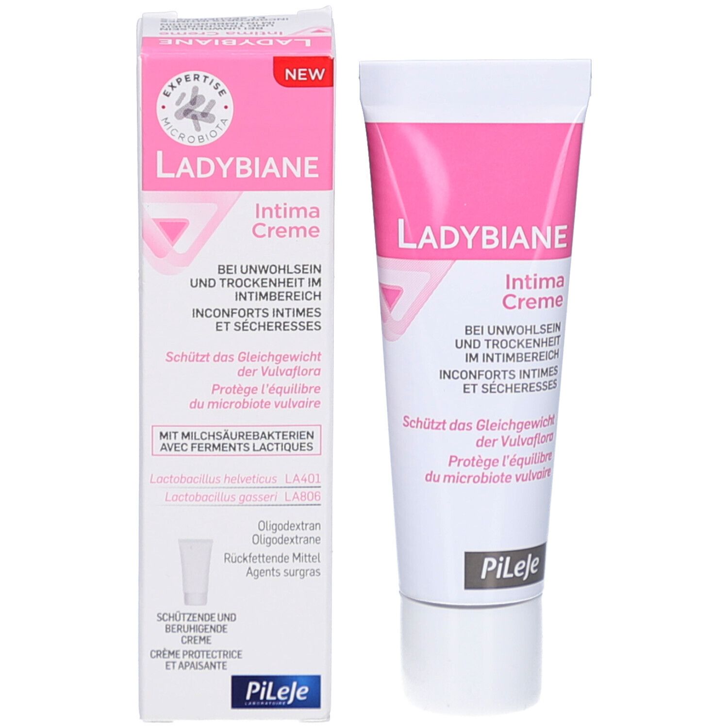 Emballage et tube du produit. Emballage : blanc avec accents roses. Inscription : Ladybiane Intima Crème.