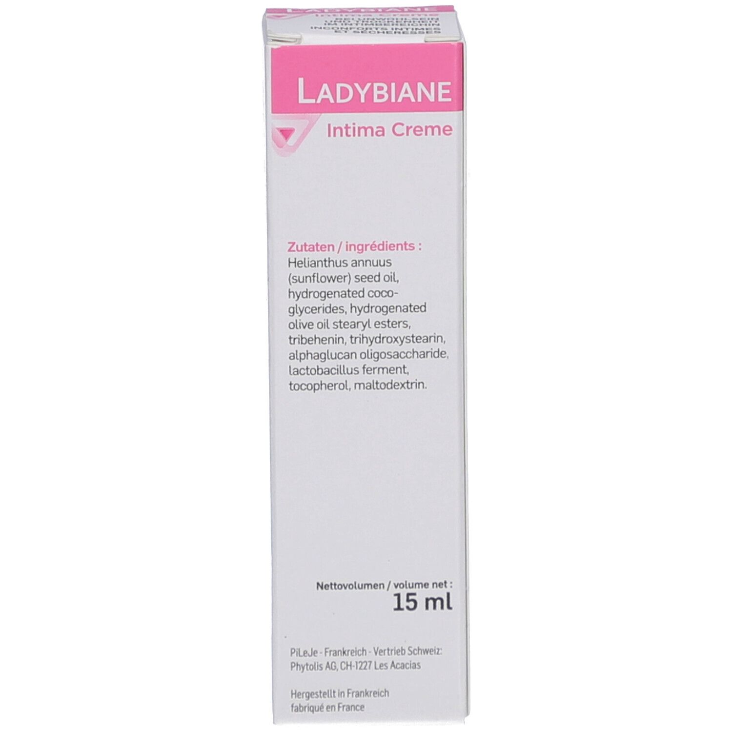 Vue latérale de l'emballage du produit. Liste des ingrédients et volume : 15 ml.