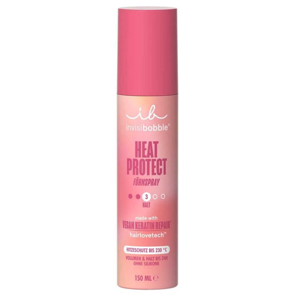 Rosa Haarspray-Flasche mit pinkfarbenem Deckel. Aufschrift: Heat Protect Hitzeschutz. Vegan Keratin Repair. 150 ml.