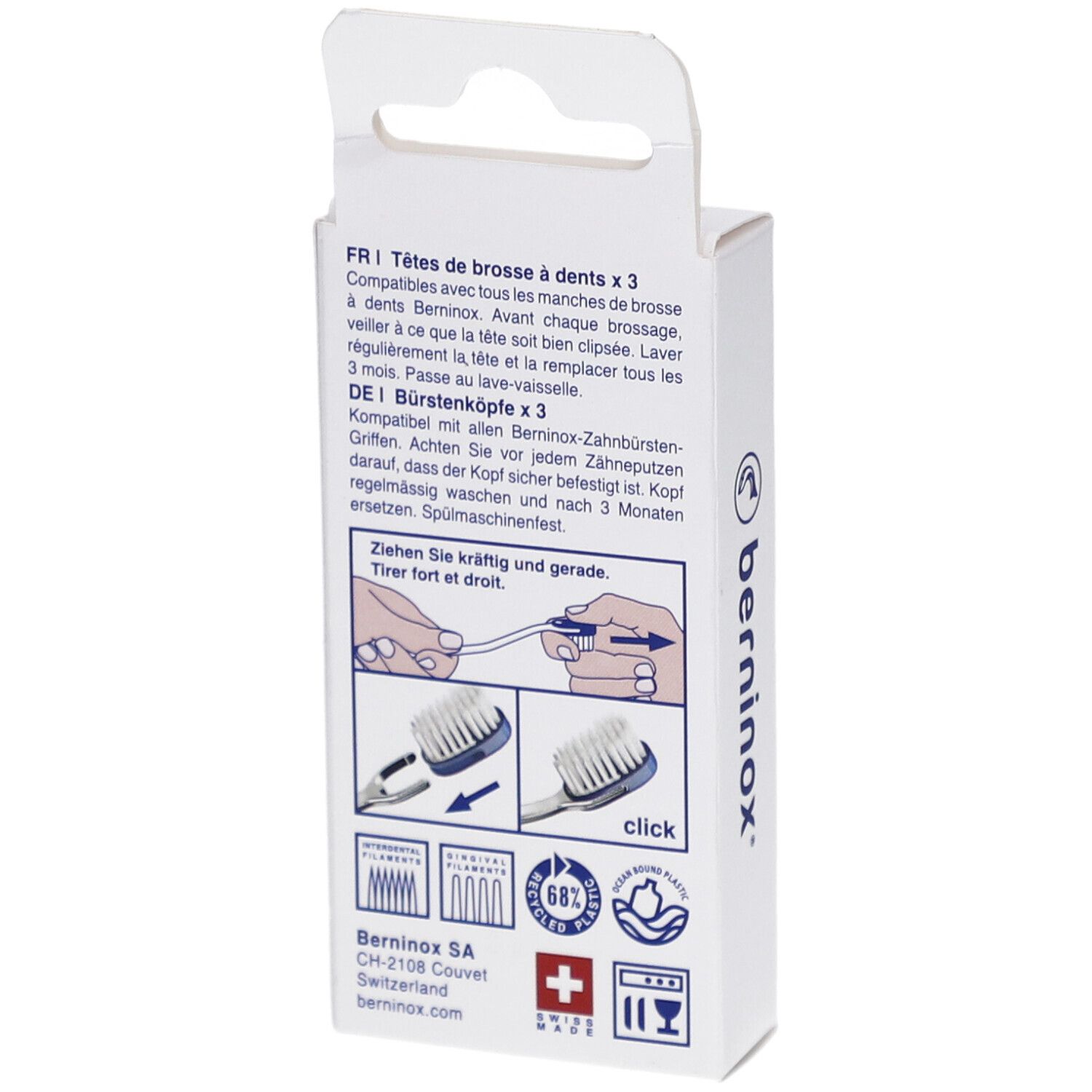 Dos de l'emballage avec informations produit. Marque Berninox, croix suisse, pictogrammes.