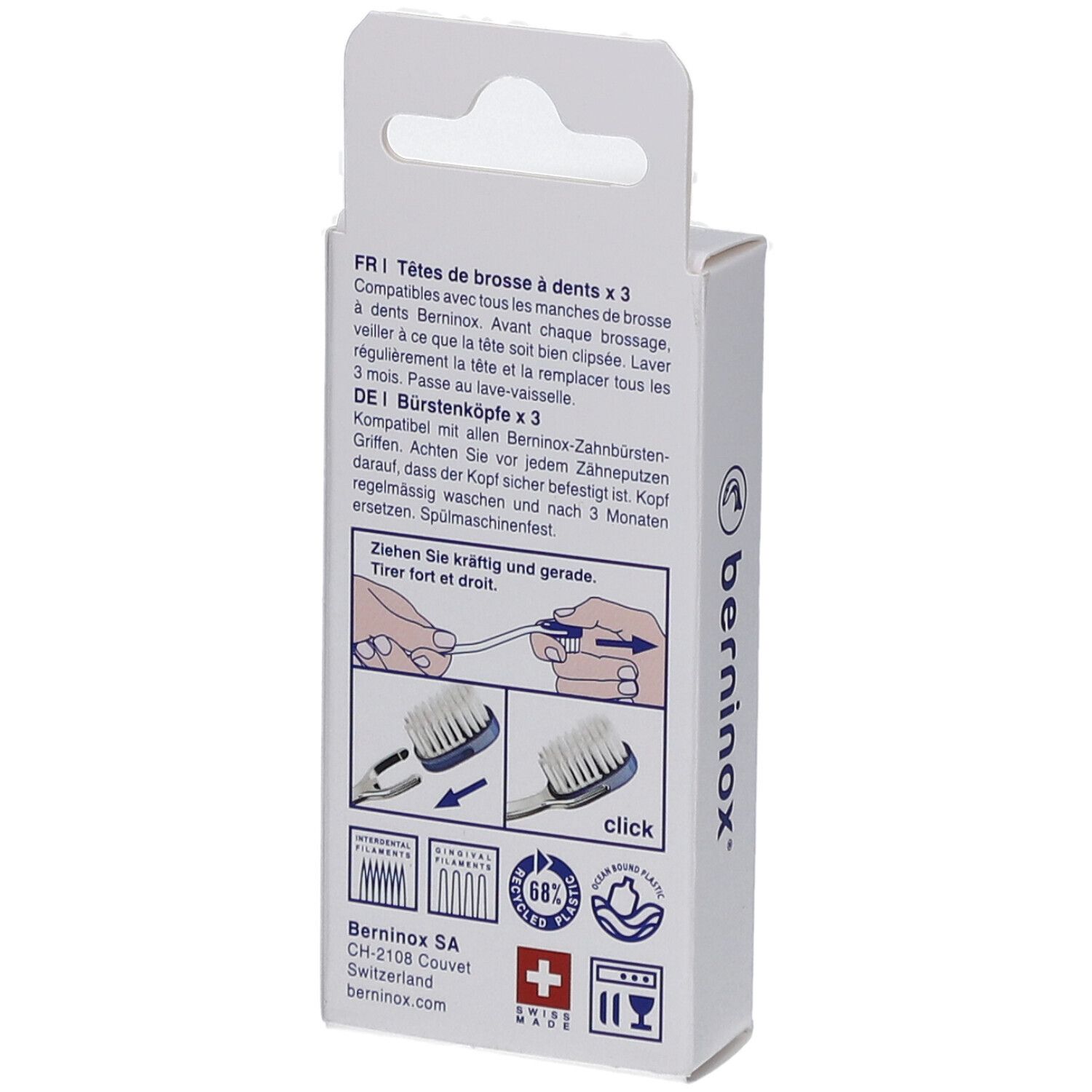 Dos de l'emballage avec informations et instructions. Logo et croix suisse.