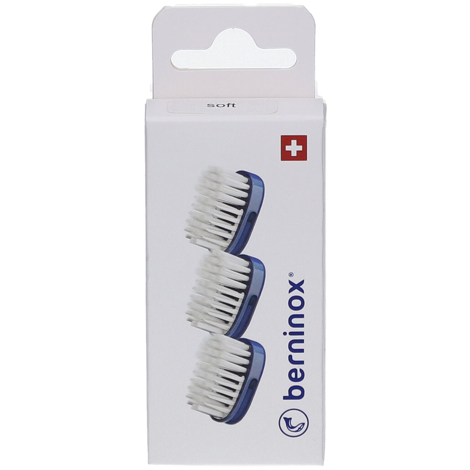 Emballage de 3 têtes de brosse bleues et blanches. Logo et croix suisse visibles.