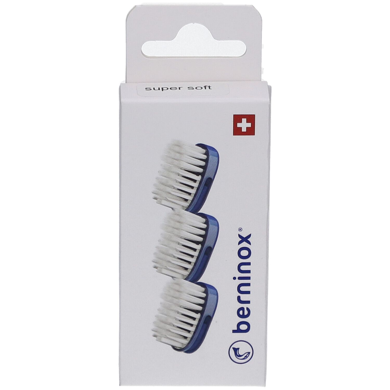 Boîte de 3 têtes de brosse à dents. Soies bleues, tête blanche. Croix suisse et logo.