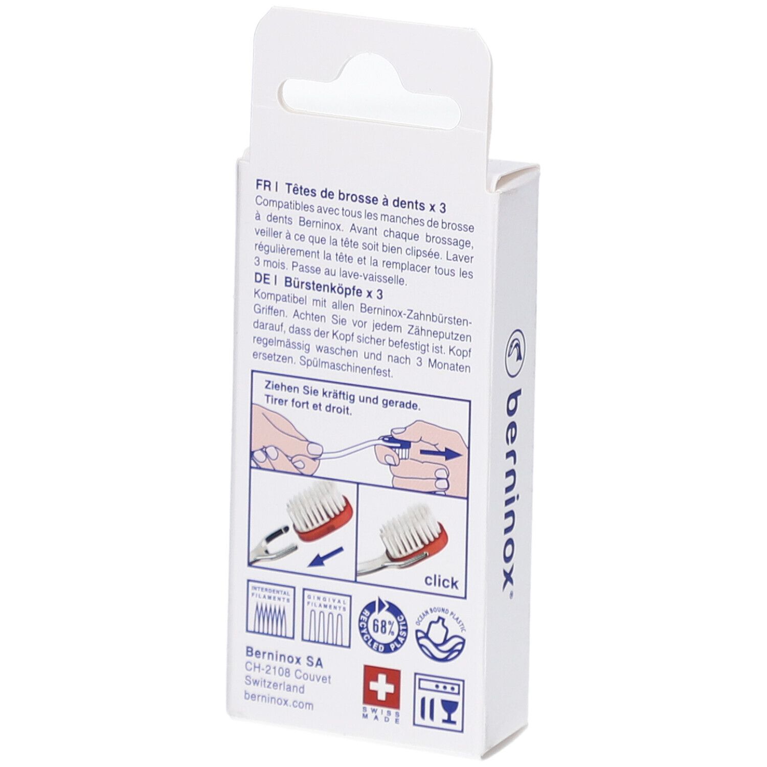 Dos de l'emballage avec informations produit, illustrations et logo. Croix suisse.