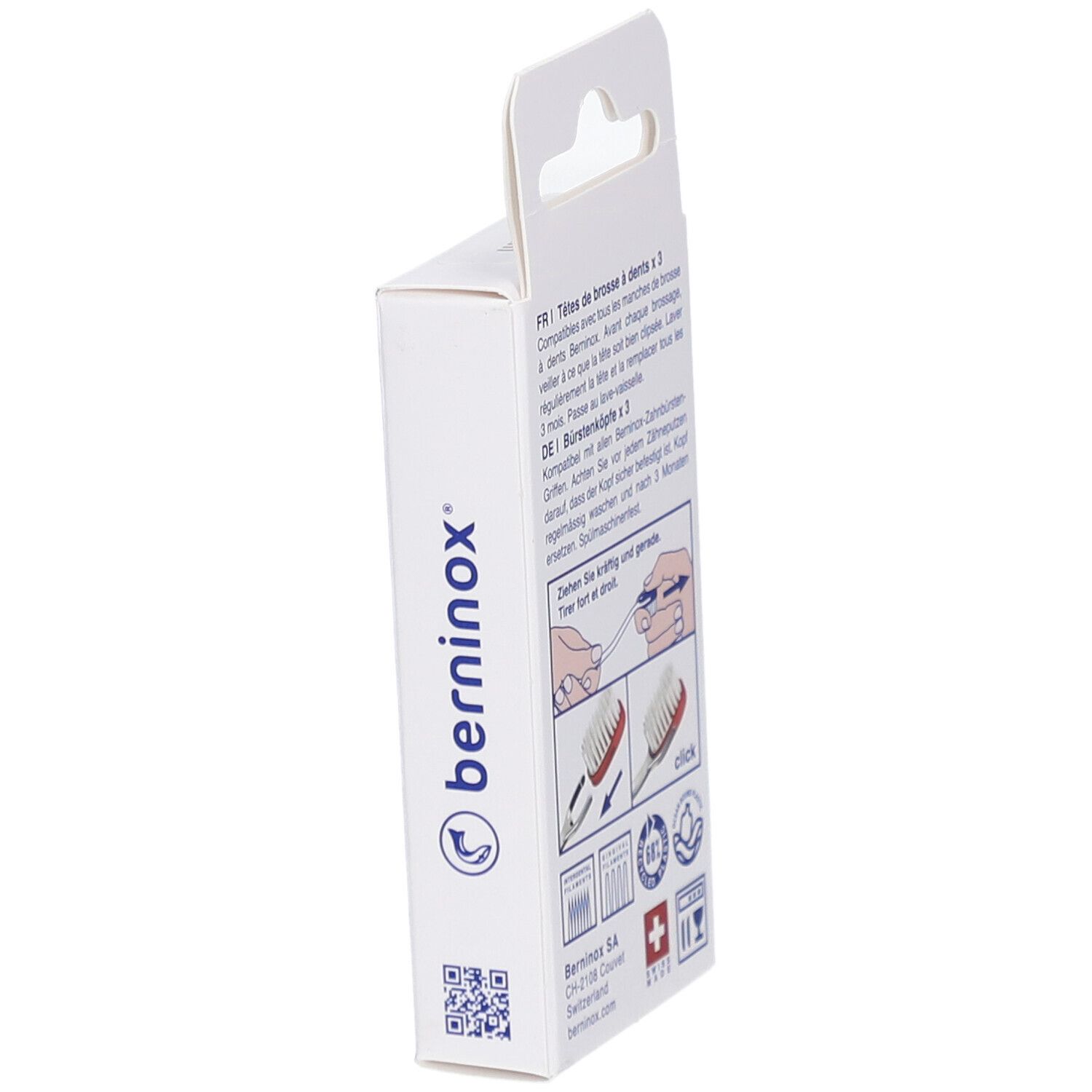 Vue latérale de l'emballage avec informations produit et logo. Croix suisse.